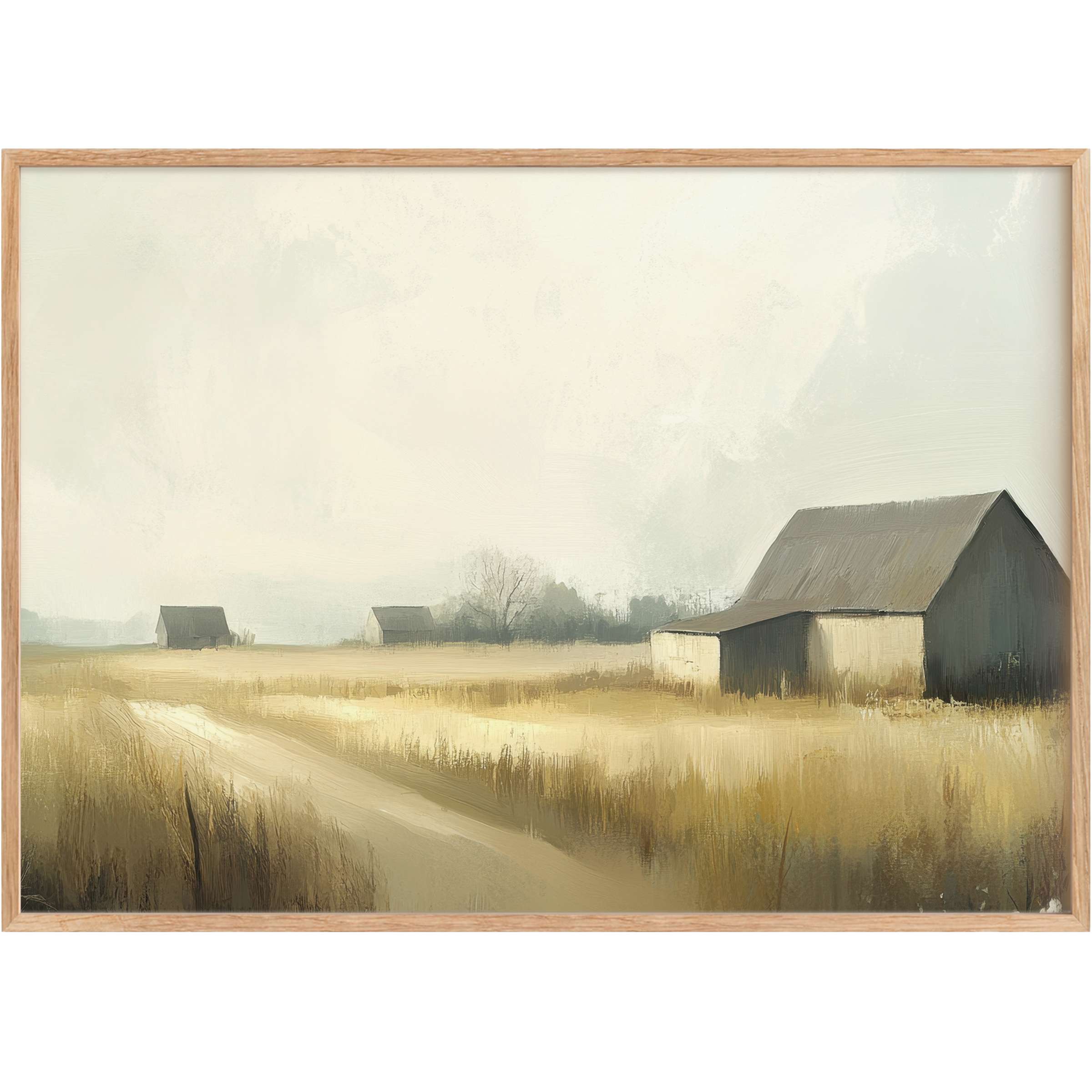 Serene landscape printable wall art featuring soft beige fields and rustic barns, evoking calm and timeless elegance