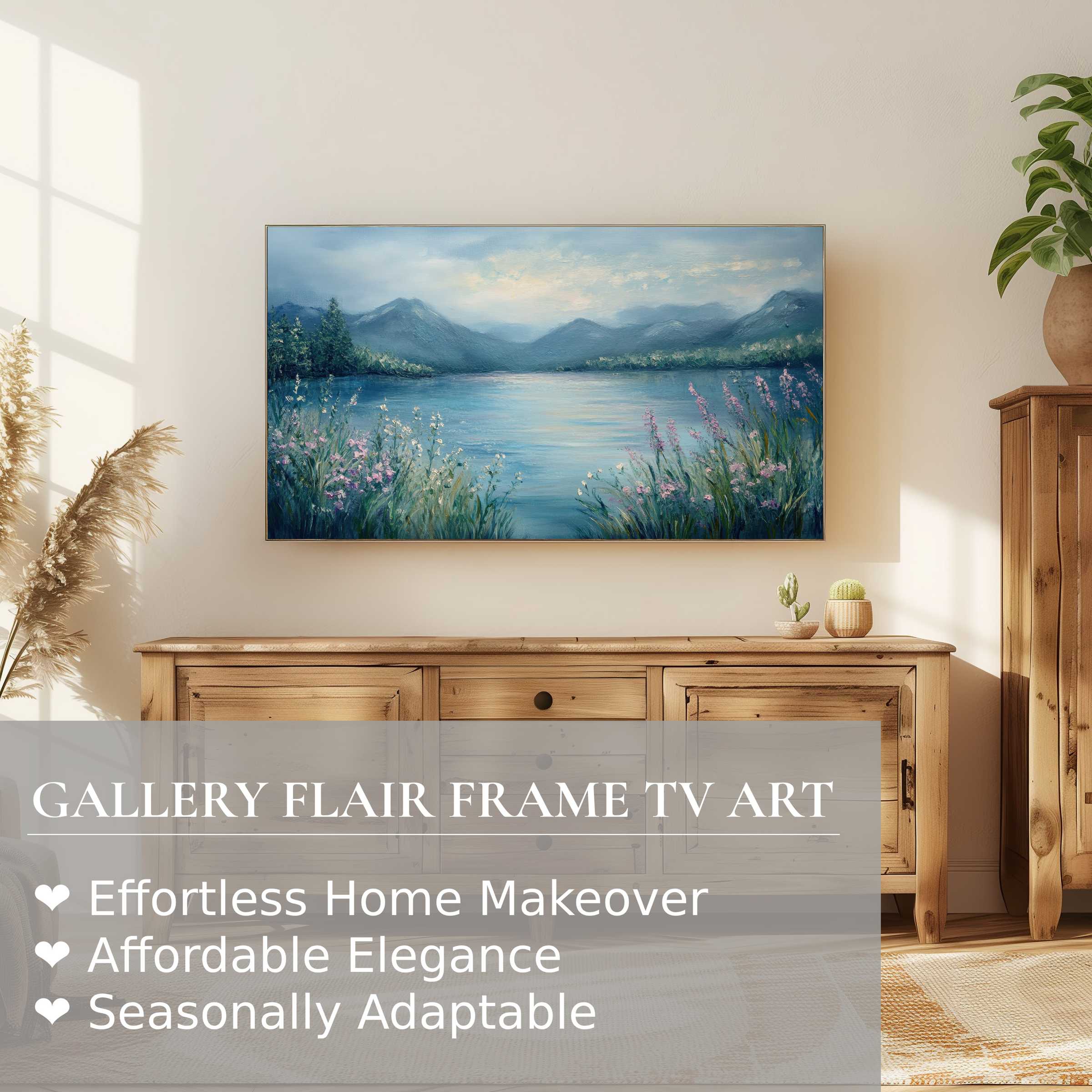 Elegant summer digital artwork of serene lake and mountains displayed on Samsung Frame TV in stylish decor