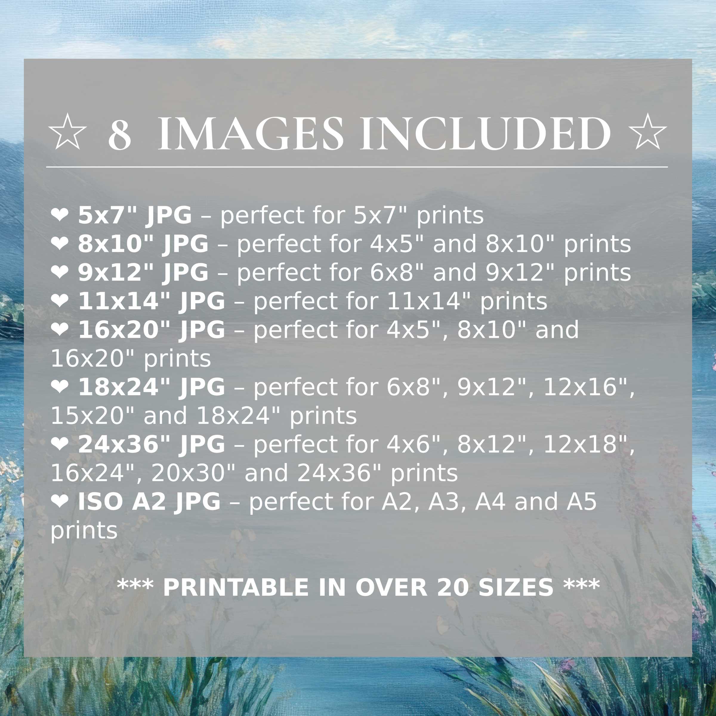 Radiant summer digital print in soothing blues and greens, included in 8 high-quality sizes for versatile, modern interiors