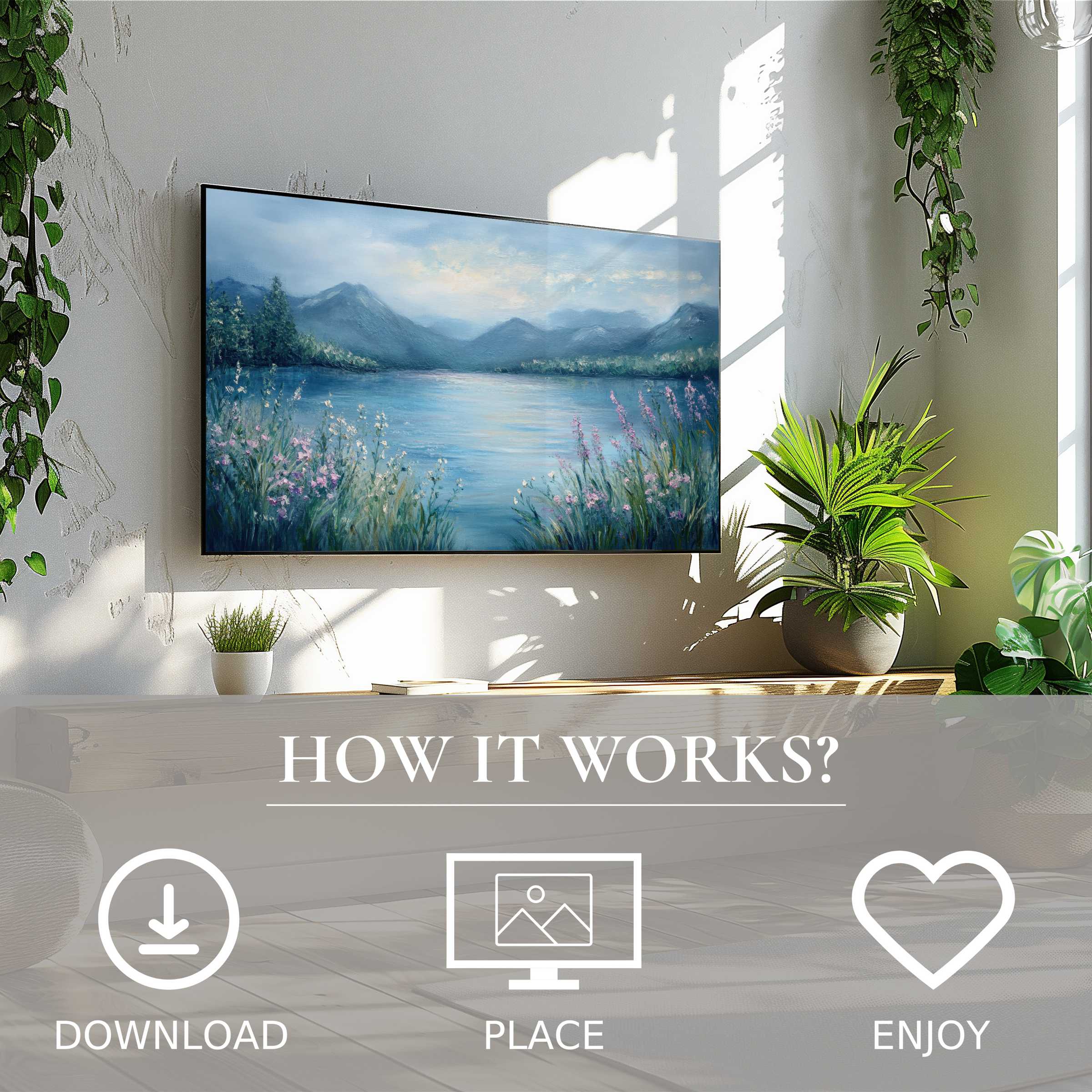 Summer art for Samsung TV showing soft blue lake tones with flowers, easy digital download to enhance modern living spaces