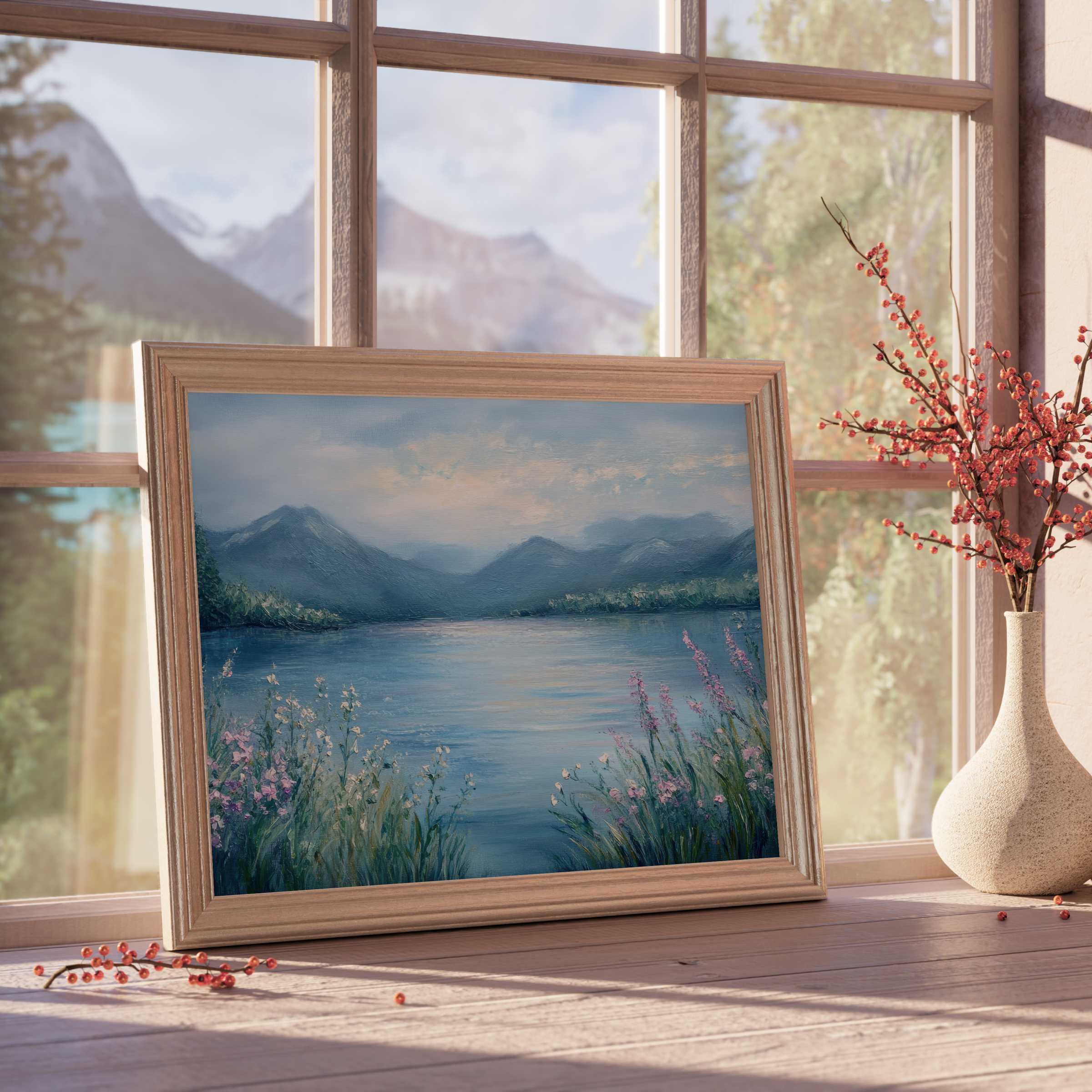 Summer downloadable art capturing serene lakeside wildflowers and misty mountains, elevating tranquil, curated interiors with natural elegance