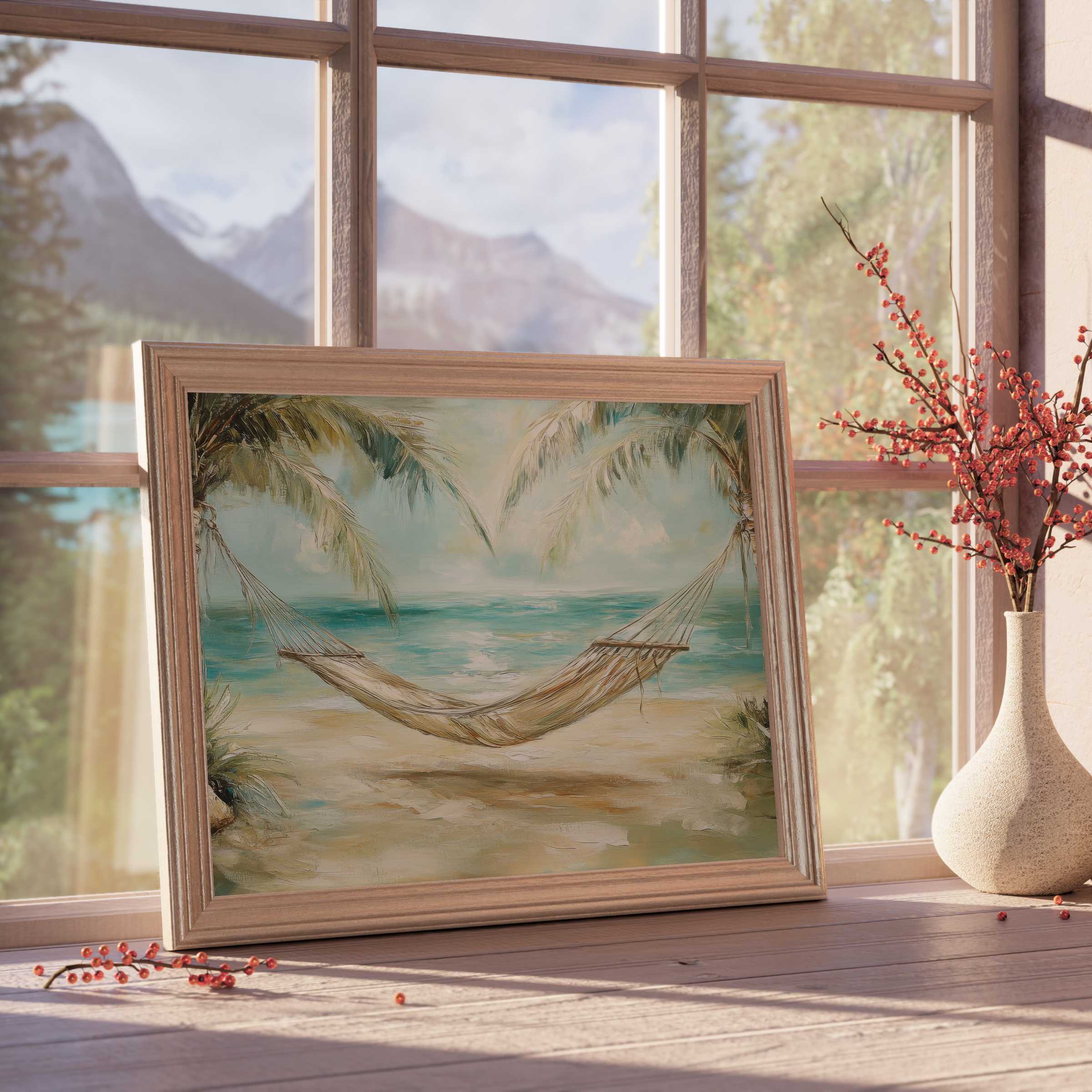 Coastal downloadable art evokes serene beachside calm with gentle waves and swaying palms, perfect for tranquil, curated interiors