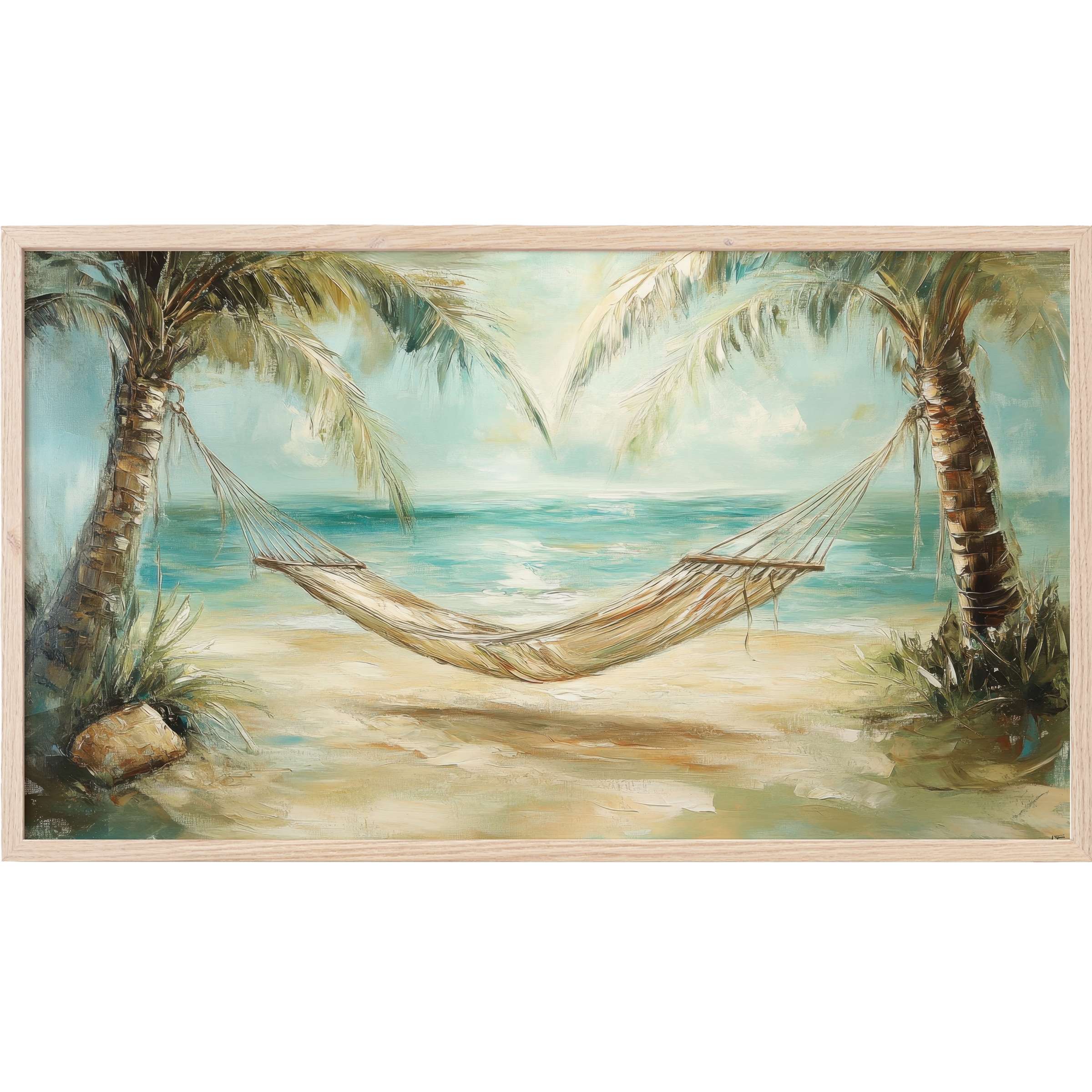 Tranquil coastal Frame TV Art featuring a soft hammock between palm trees with muted blues and sandy beige tones