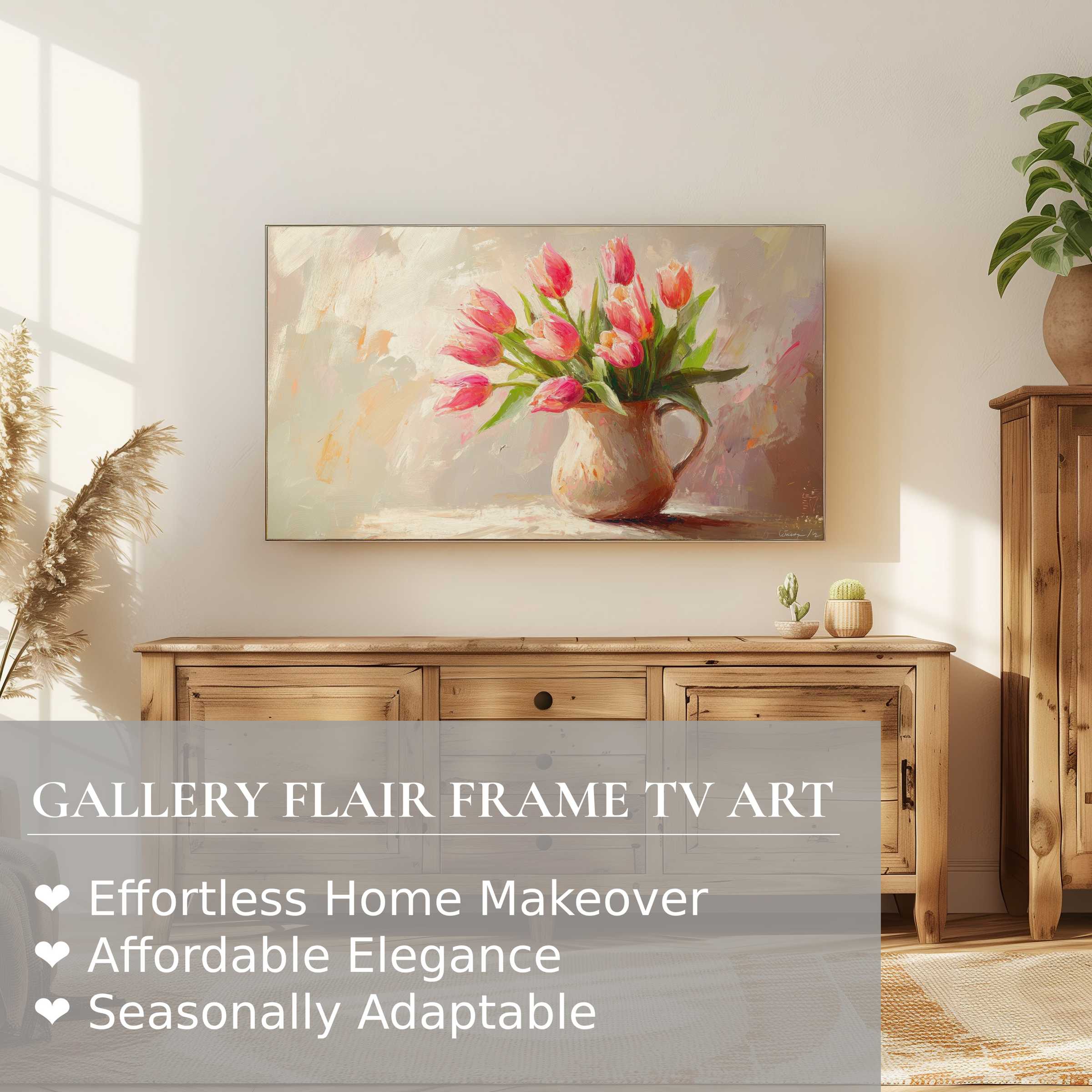 Samsung Frame TV showcasing elegant easter digital artwork of pink tulips in a softly lit, modern rustic interior