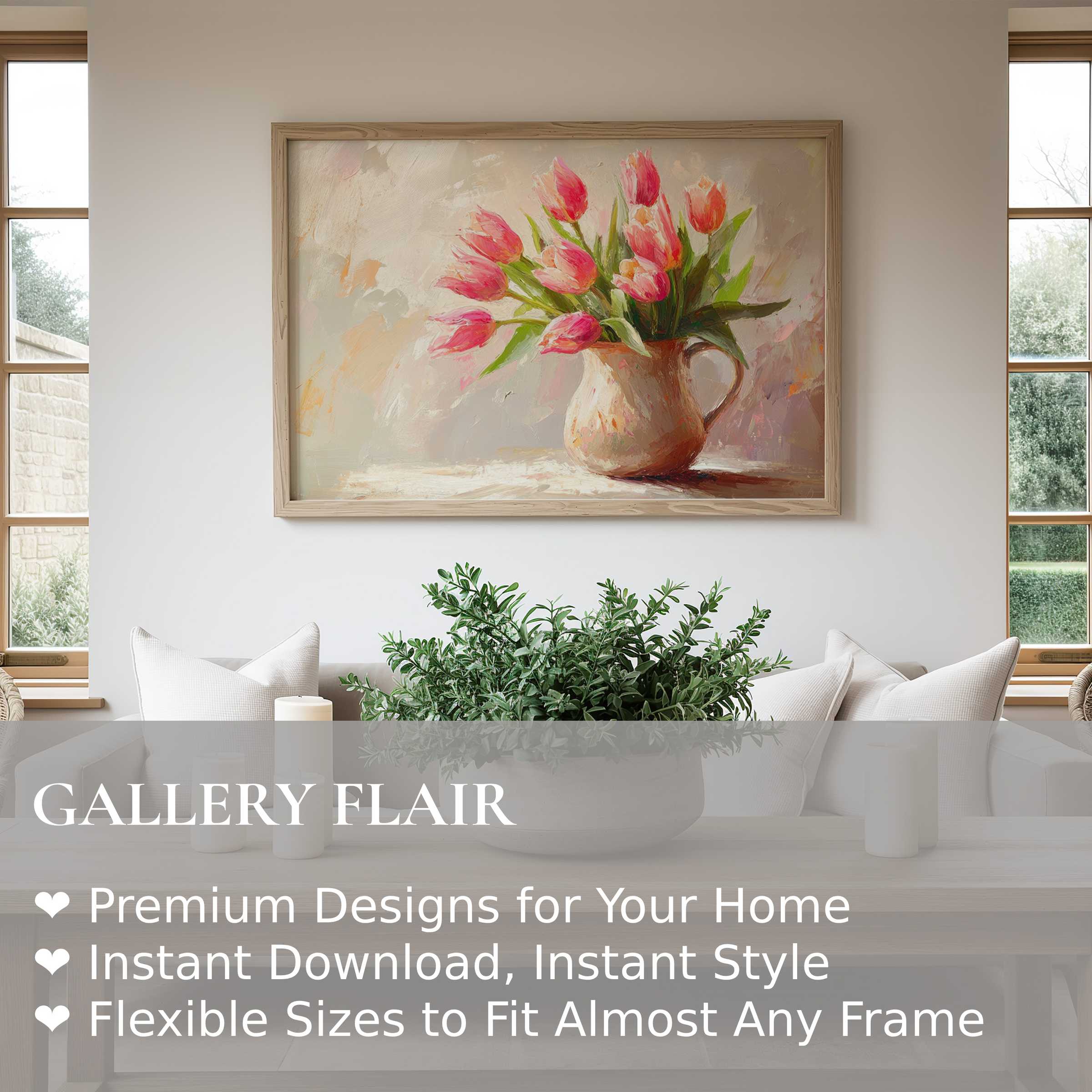 Elegant easter wall art print featuring radiant pink tulips in a rustic vase, enriching modern minimalist interiors with soft, uplifting charm