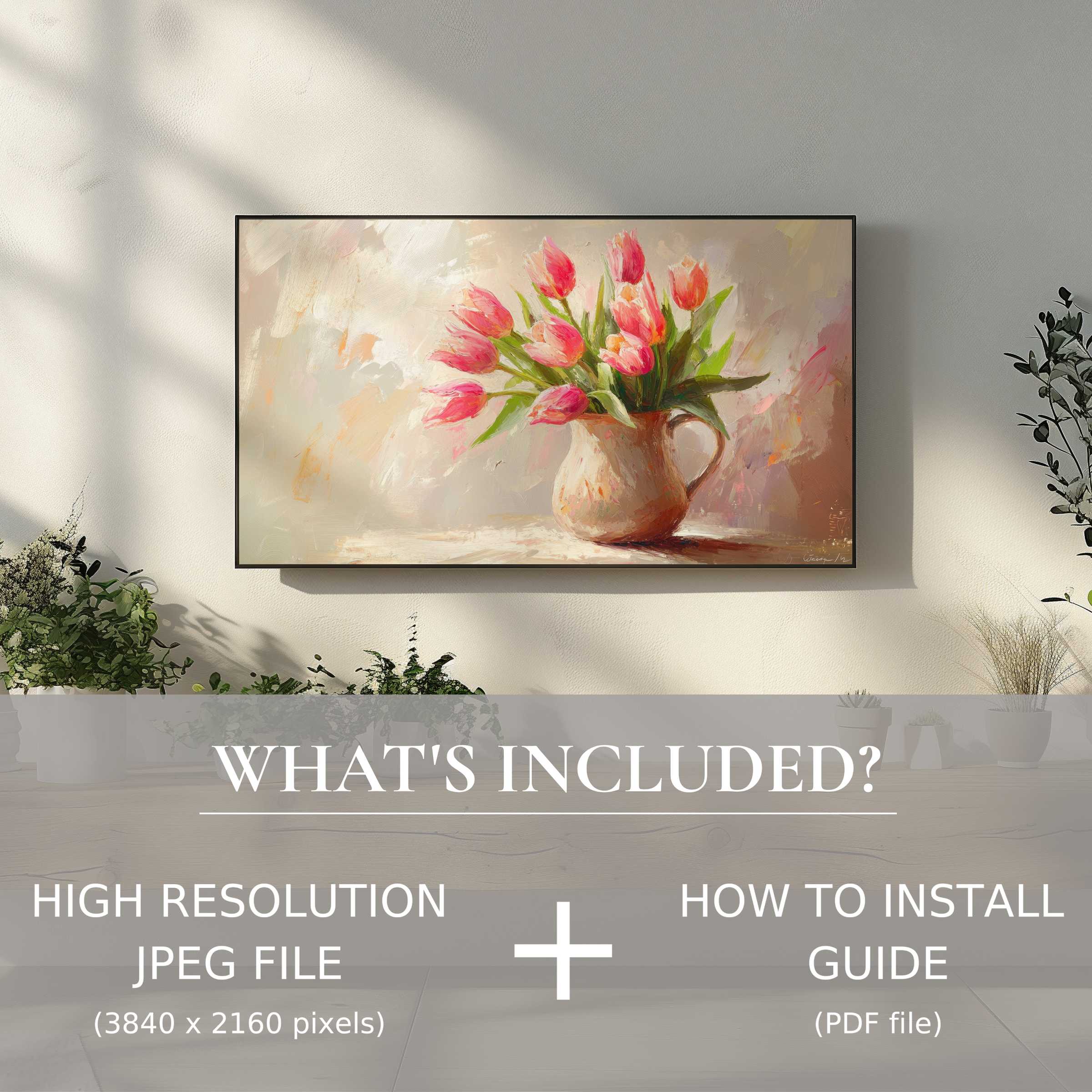 Elegant easter digital TV art download featuring vibrant tulips, enriching your space with effortless style and easy digital use