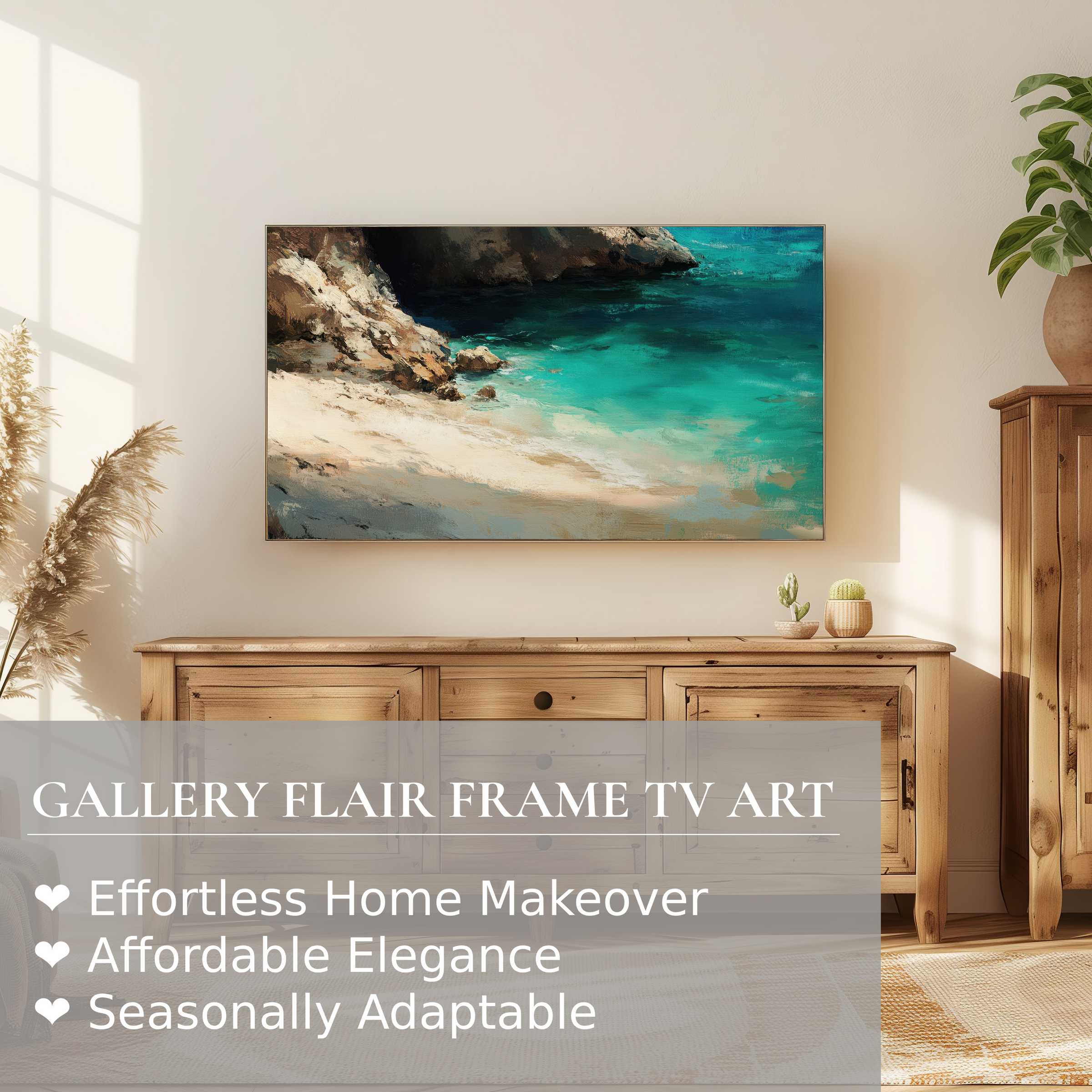 Samsung Frame TV displaying serene beach digital artwork in a minimalist, sunlit room with natural wood furnishings