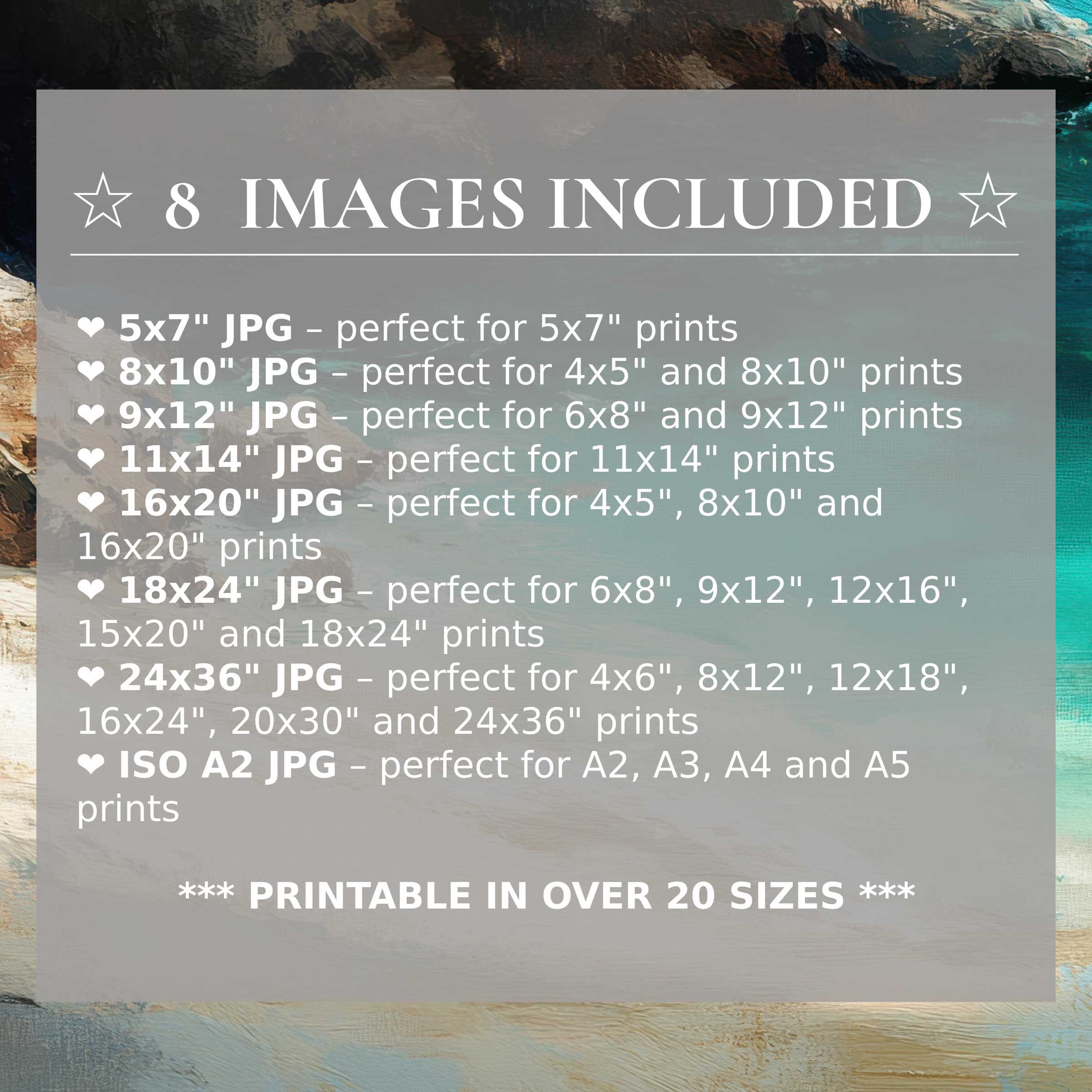 Radiant beach digital print in serene blues and warm neutrals, delivering elegance and calm with 8 high-quality sizes included