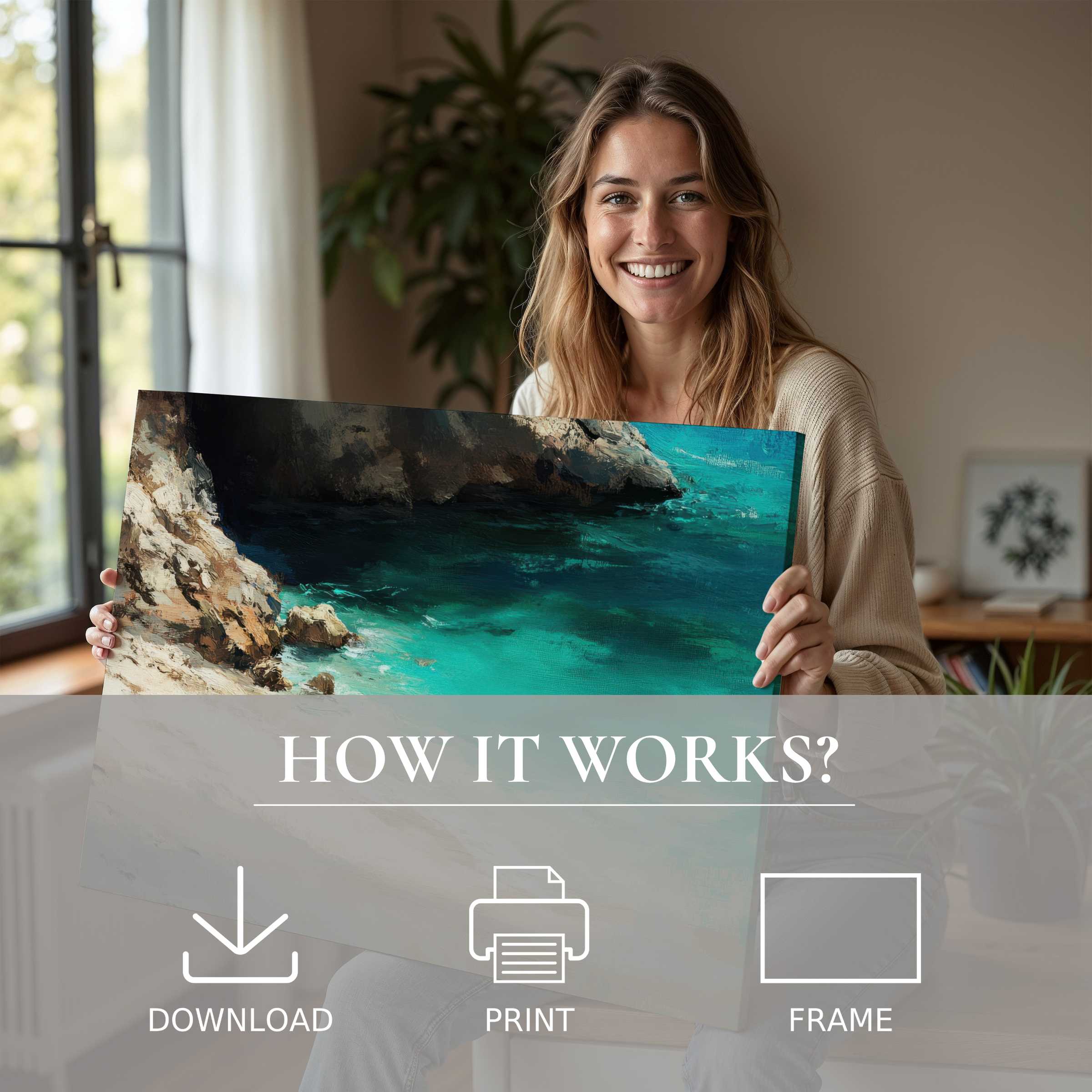 Radiant beach digital art print brings serene coastal beauty and joy into a stylish home, celebrating effortless elegance