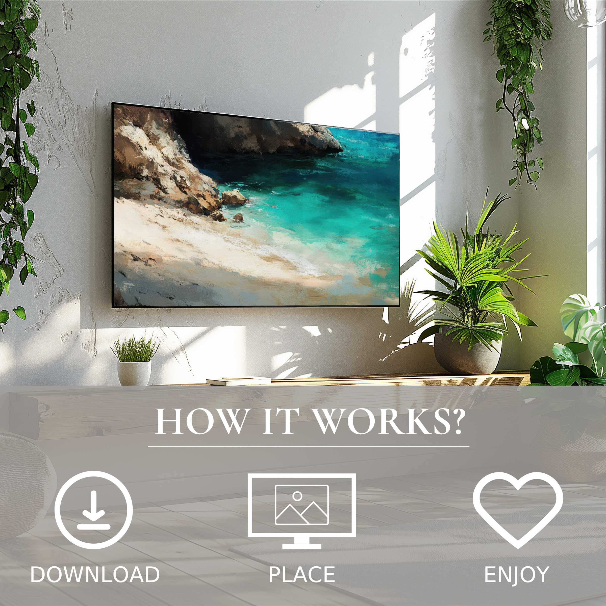 Modern living room with easy digital download; beach art for Samsung TV shows vibrant turquoise color flow