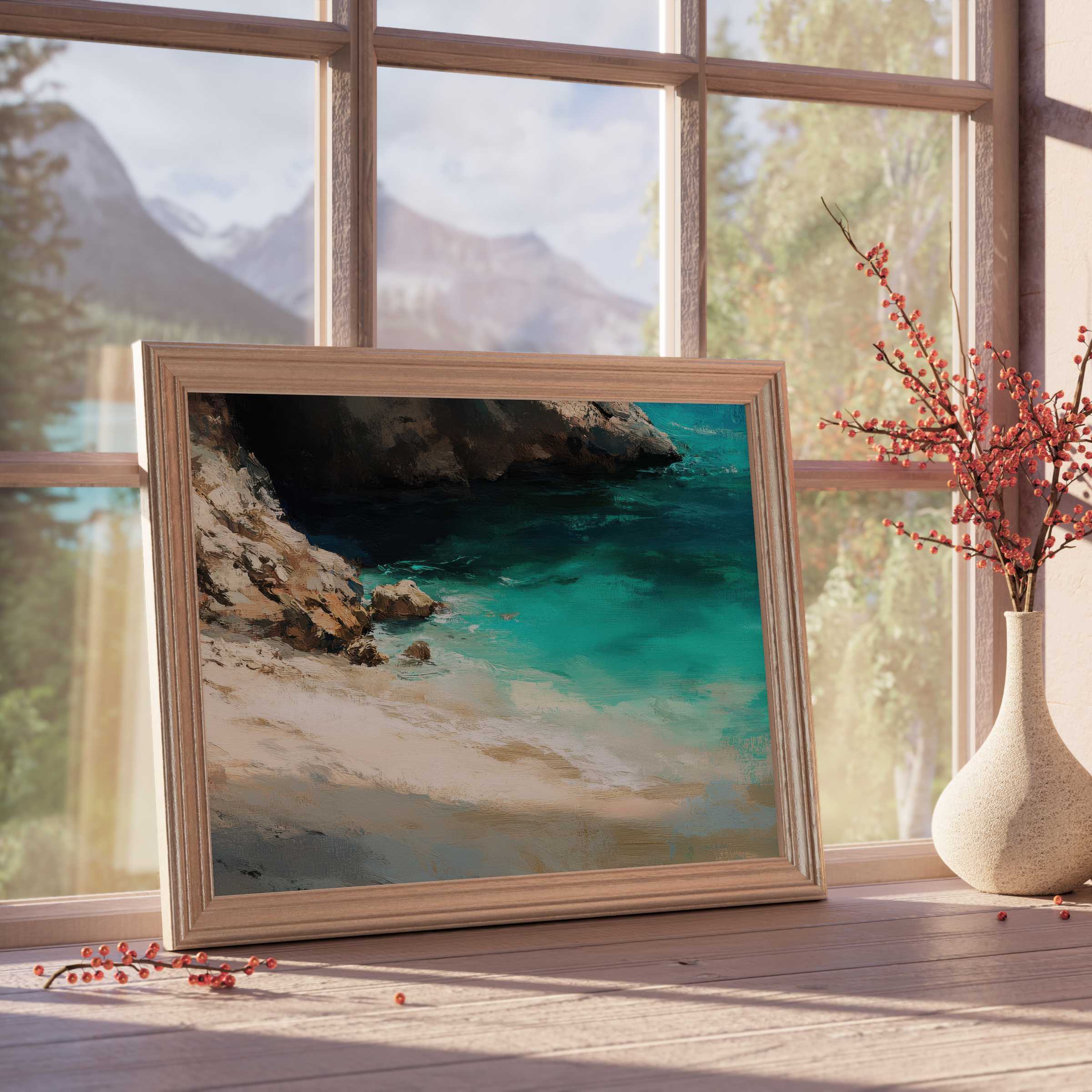 Serene beach downloadable art with turquoise waves and rocky shore, elevating refined interiors with tranquil coastal elegance