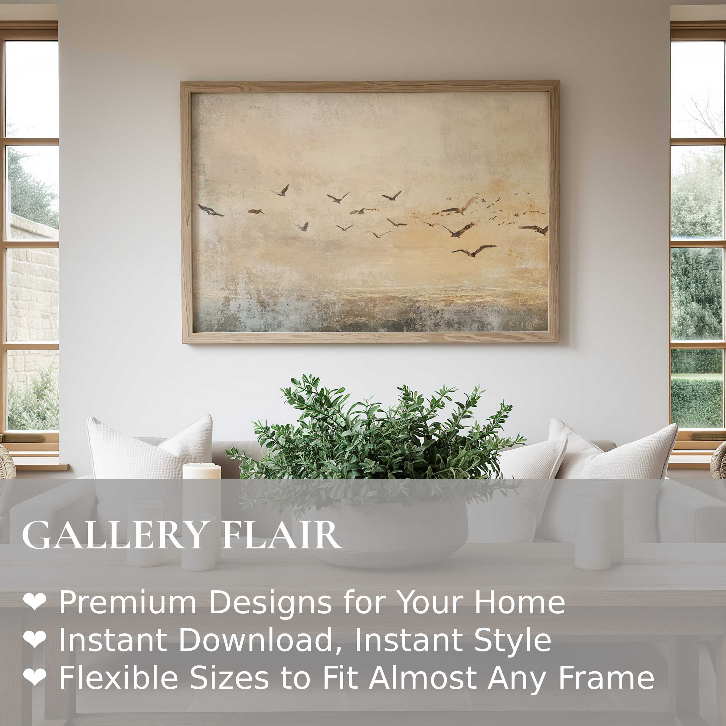 Vintage wall art print of birds in flight with muted earth tones, enhancing serene, modern rustic interiors with timeless, calming elegance