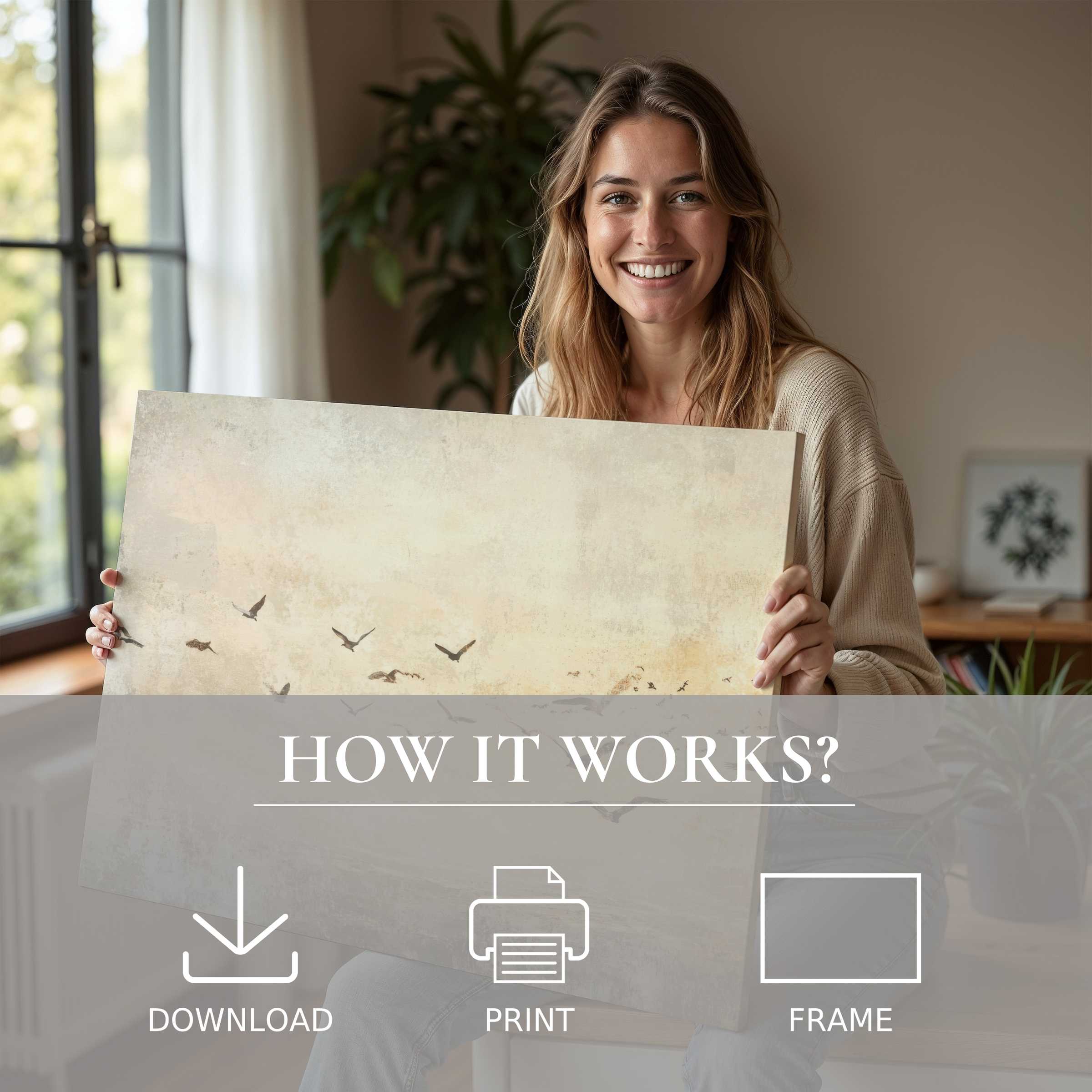 Radiant woman joyfully embraces a vintage digital art print, inviting calm and timeless beauty into a modern home