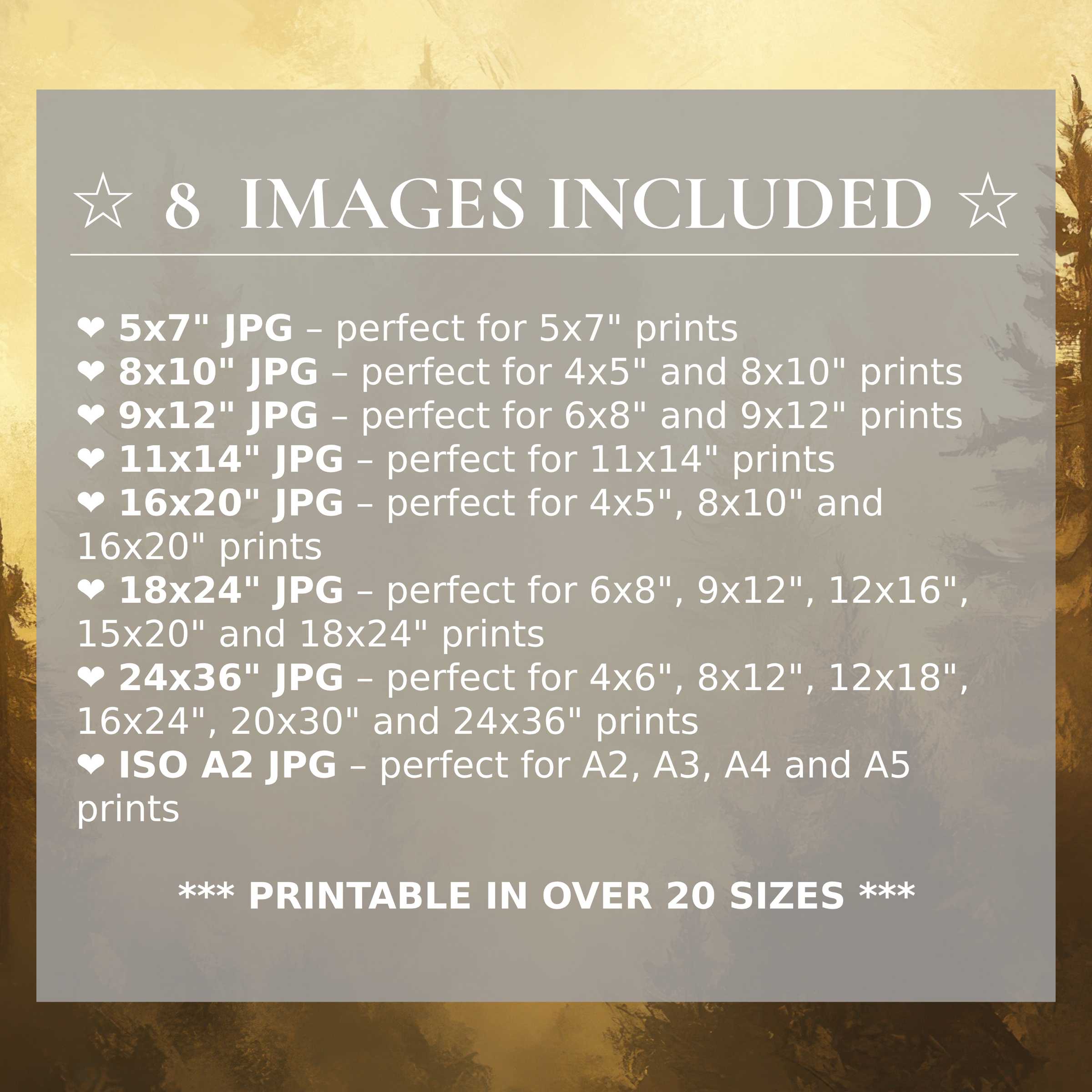 Print size guide showing 8 included JPG formats for versatile wall art printing – perfect for framing in popular sizes from 5x7 to 24x36 and A2