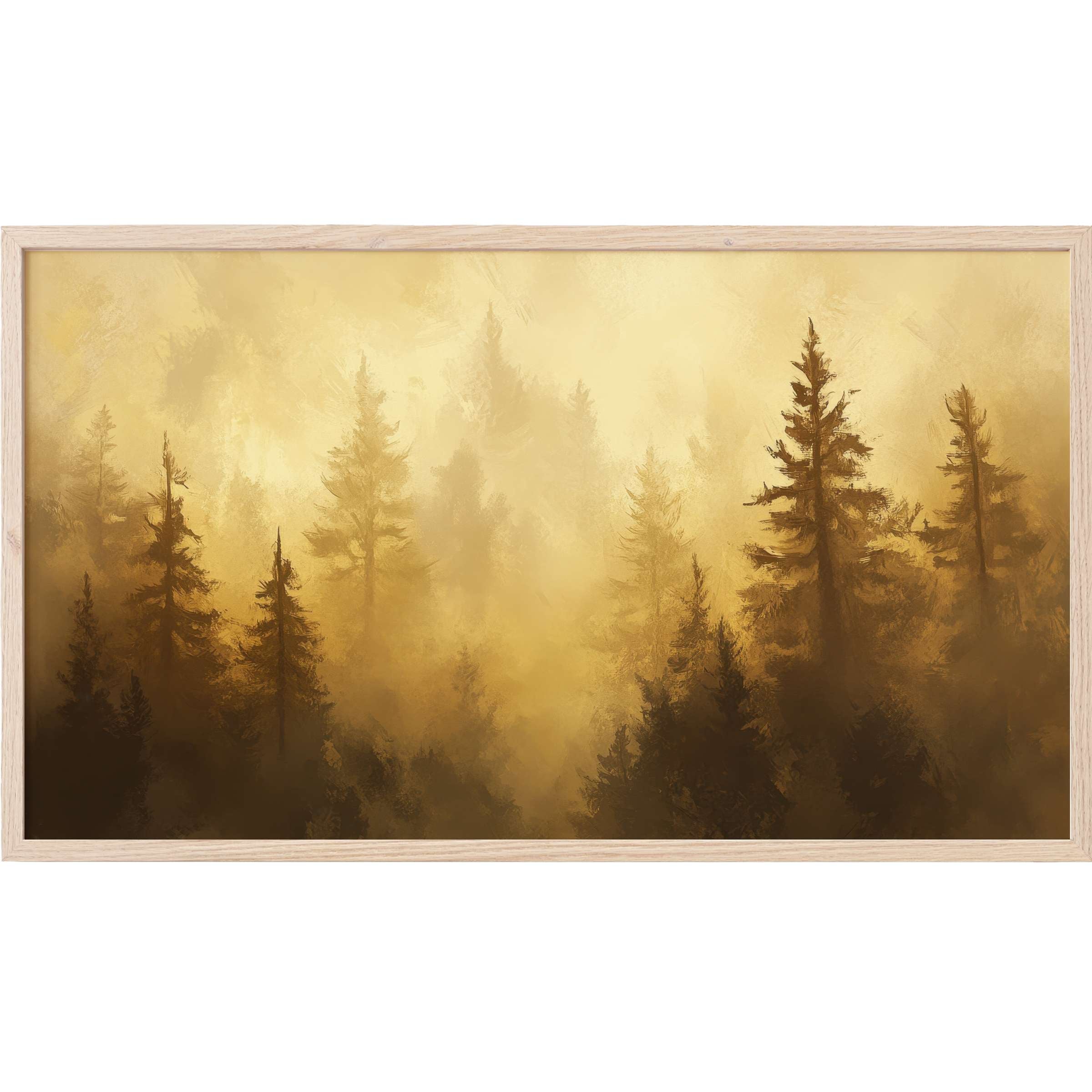 Misty forest in warm golds and browns, rendered in soft brushstrokes for serene tree Frame TV Art