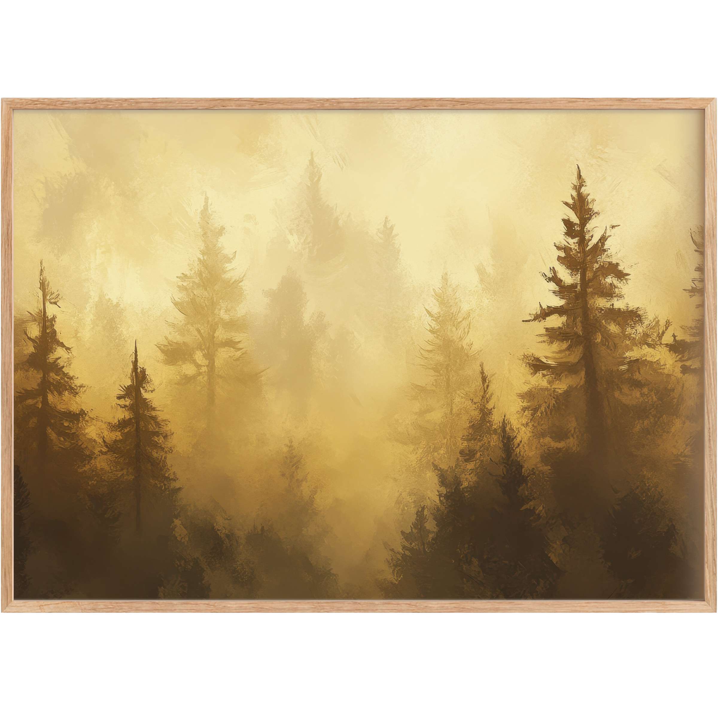 Ethereal tree printable wall art infused with golden hues, evoking a serene, warm forest mist that enriches refined living spaces