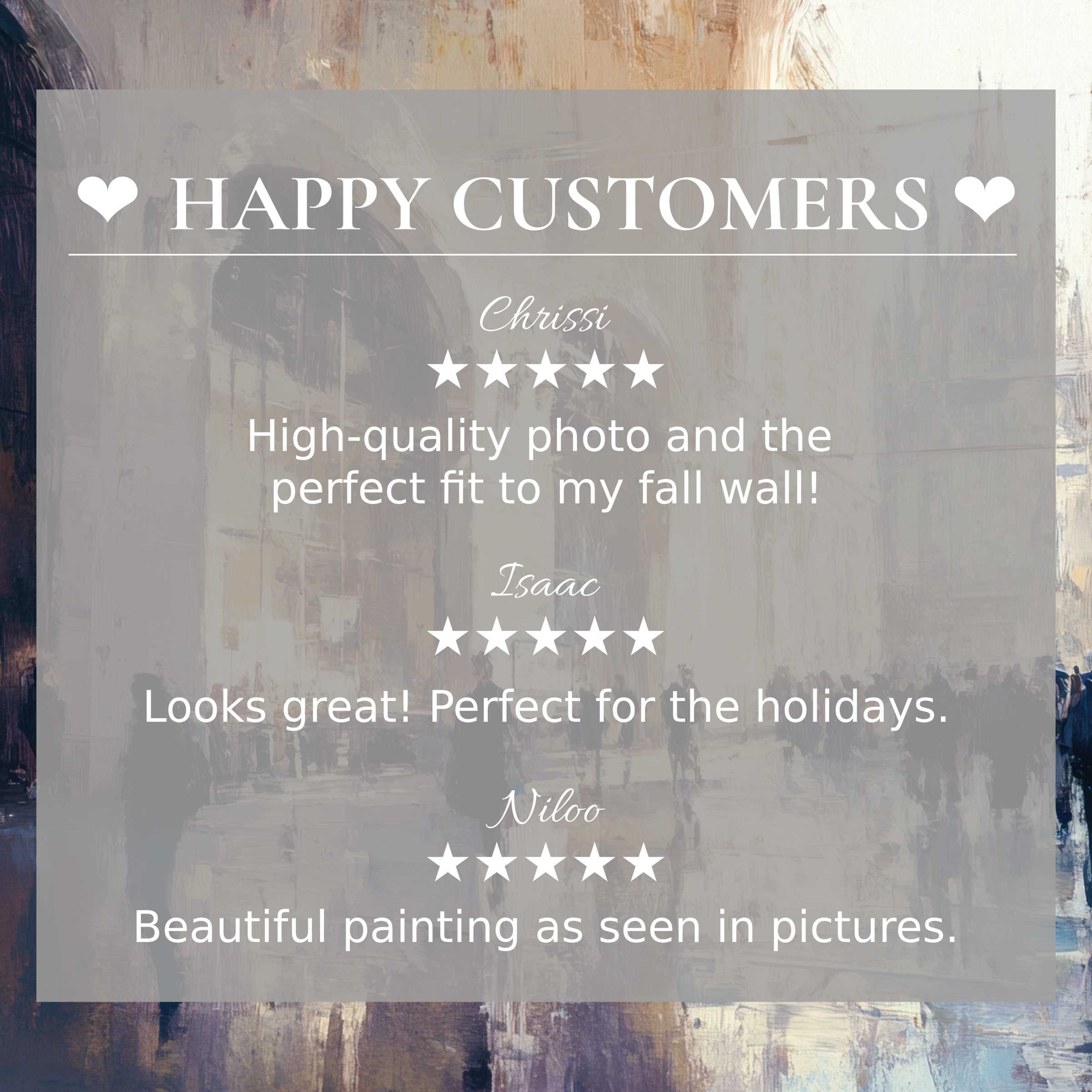 Urban art for Frame TV with abstract muted cityscape; happy customer reviews build trust and showcase elegant style