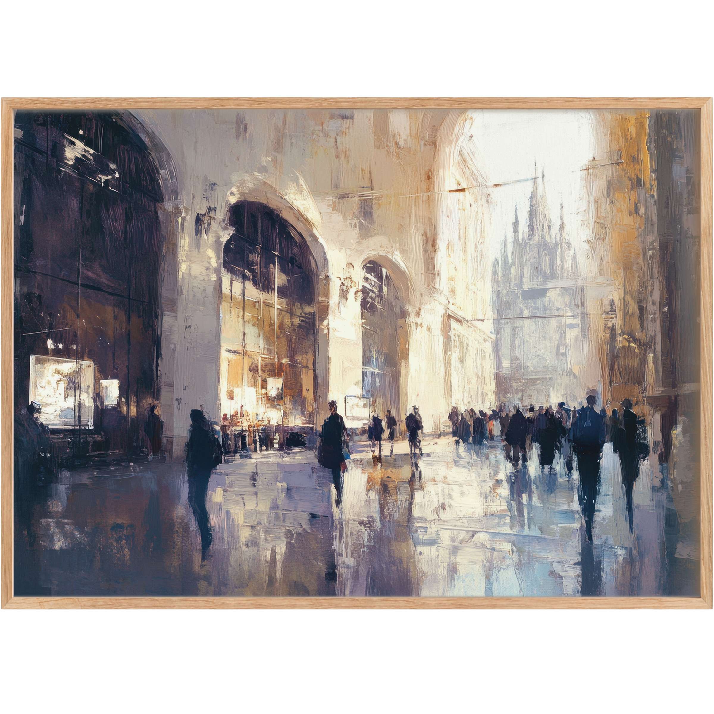 Elegant urban printable wall art capturing a luminous cityscape in soft grays and warm golds, radiating serene sophistication