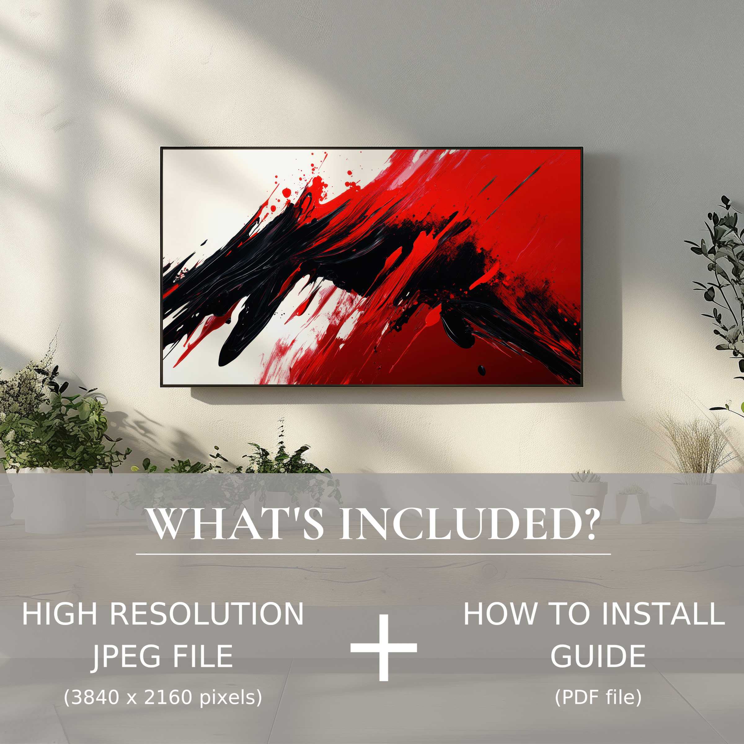Stylish living room featuring an abstract digital TV art download; easy use enhances space with modern flair
