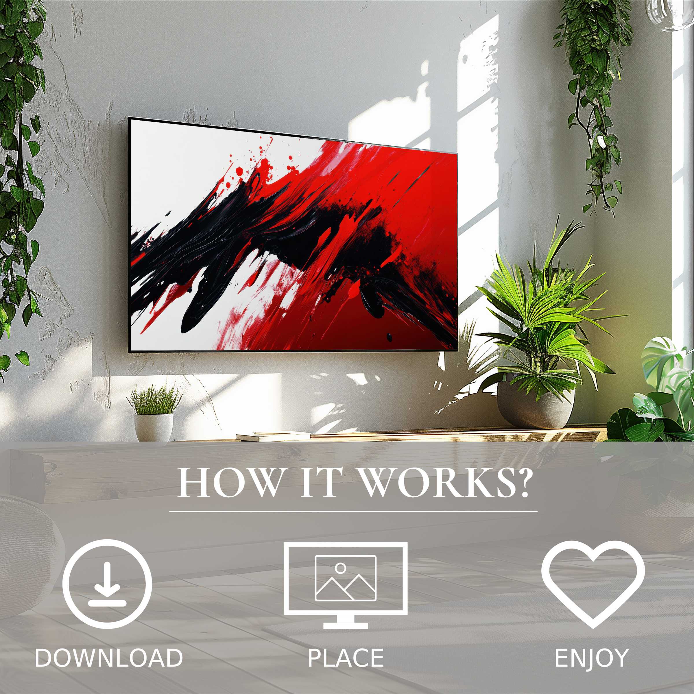 Abstract art for Samsung TV with bold red and black strokes enhances modern living spaces Easy digital download