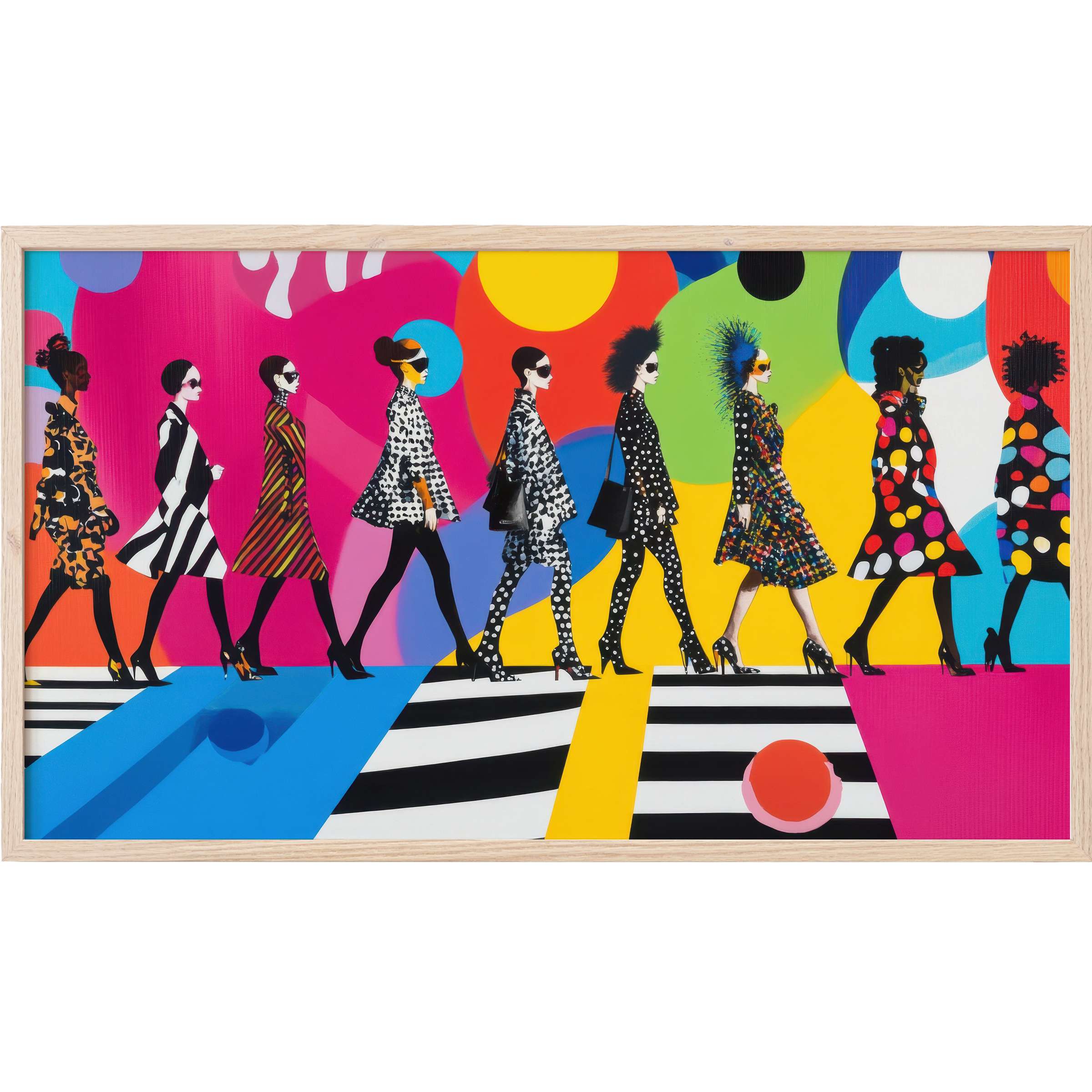 Pop art Frame TV Art featuring chic women in patterned fashion walking against bold, colorful geometric shapes