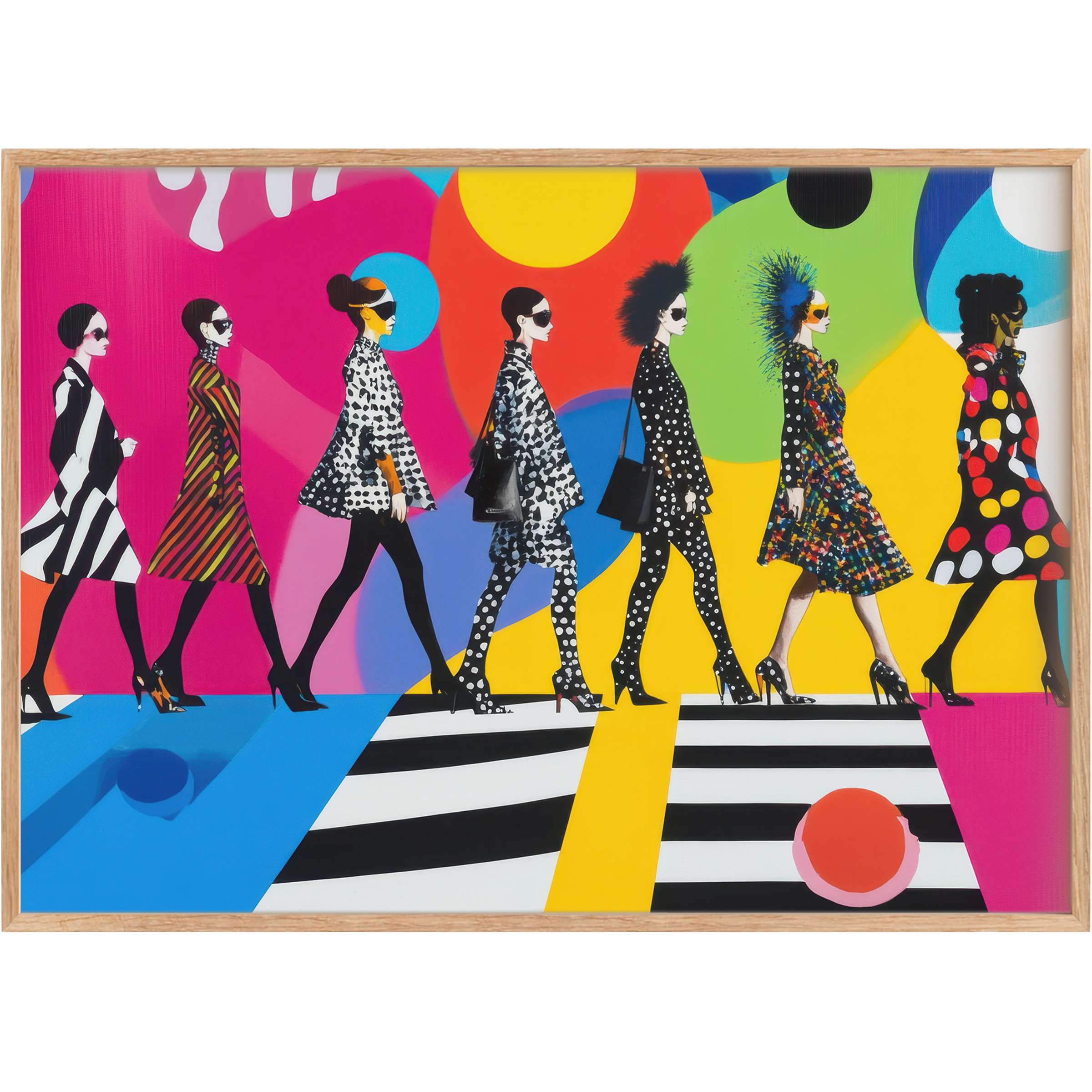 Bold pop art printable wall art featuring chic fashion silhouettes in dynamic black-and-white patterns against vibrant color bursts, igniting a spirited, avant-garde atmosphere