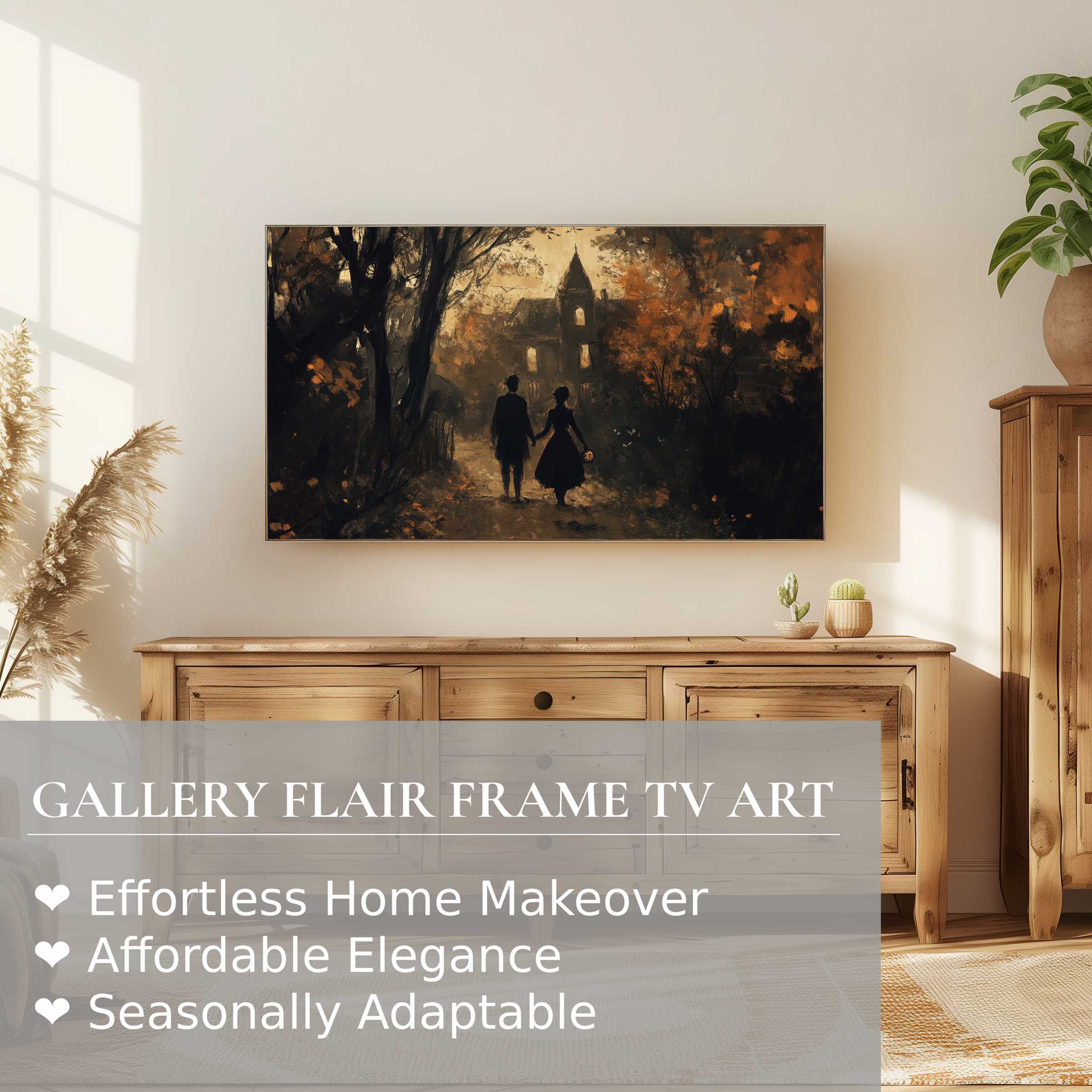 Samsung Frame TV showcasing elegant halloween digital artwork with moody autumnal hues in a stylish living room