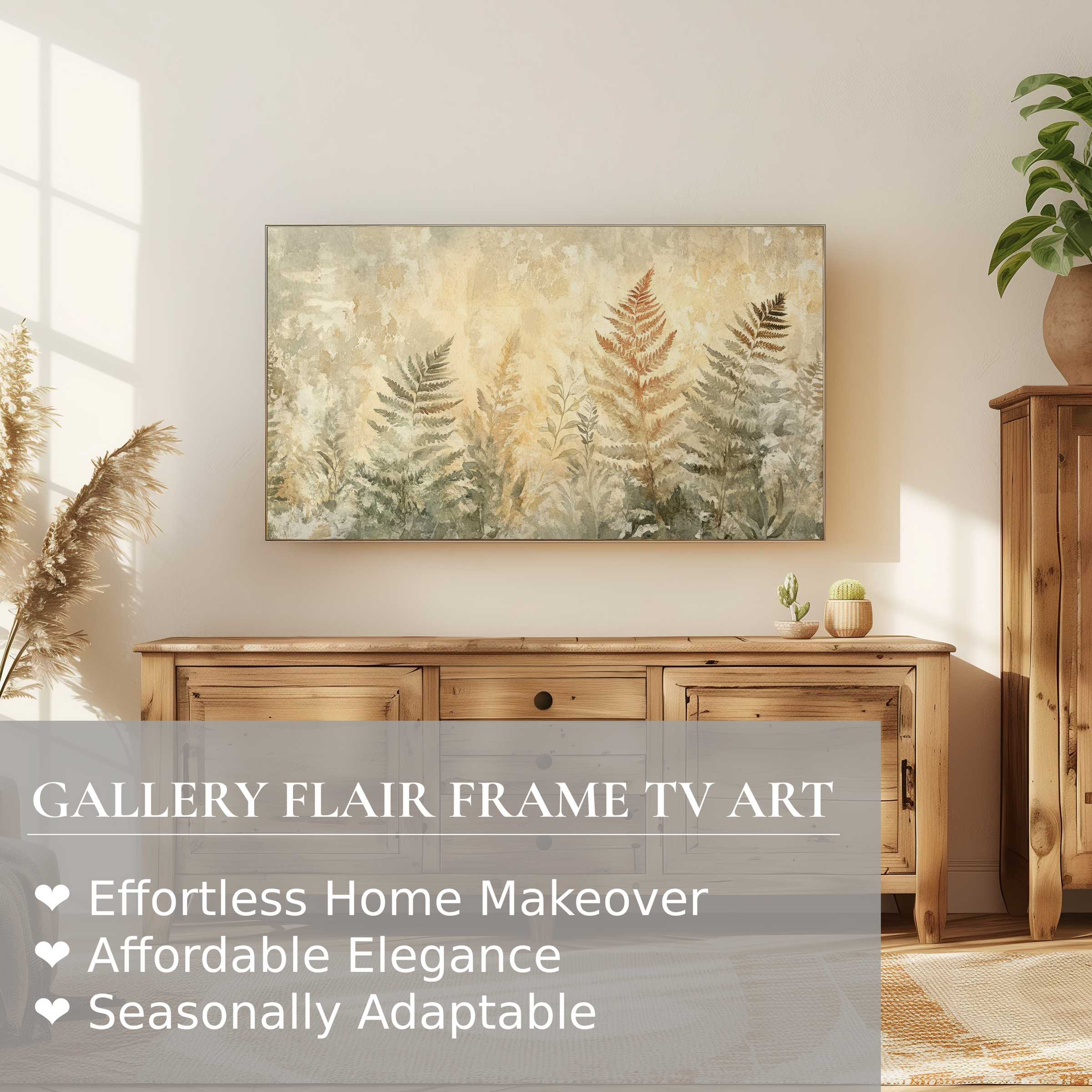 Samsung Frame TV with botanical digital artwork in muted earth tones, enhancing modern, elegant home decor