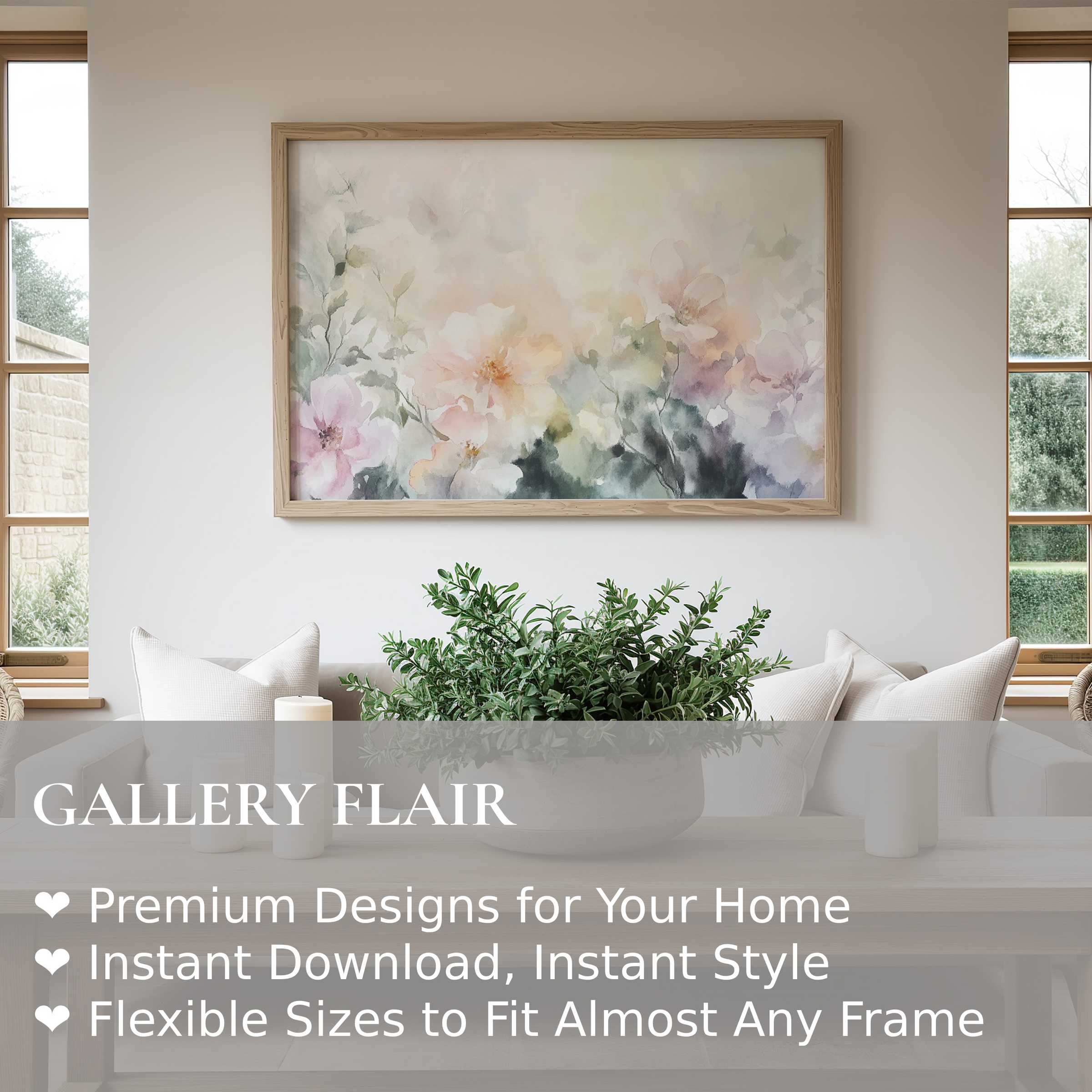 Delicate floral wall art print with soft pastels and airy blooms, elevating modern minimalist interiors with calming elegance