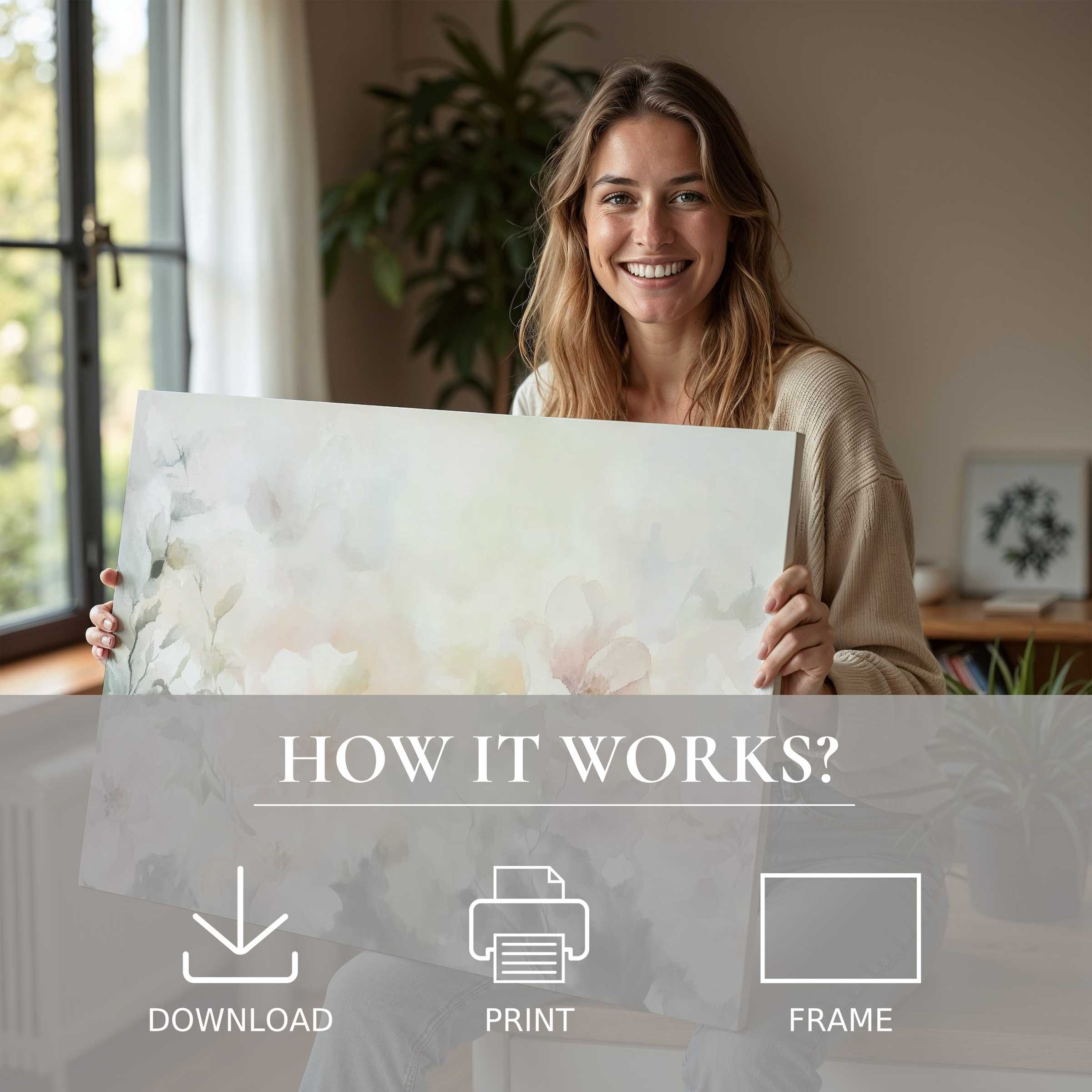 A radiant moment of connection with a floral digital art print, harmonizing serenity and joy in stylish living