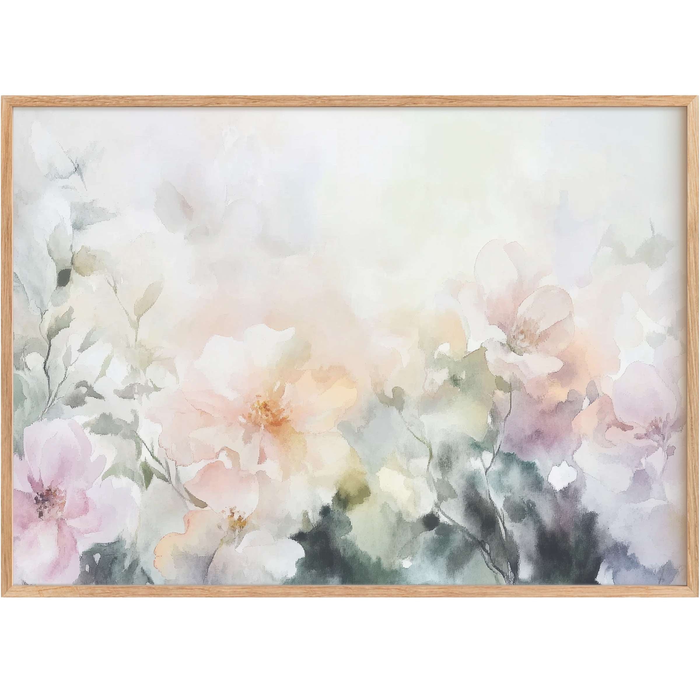 Ethereal floral printable wall art in soft pastels, blending warm peaches and cool greens to evoke serene elegance