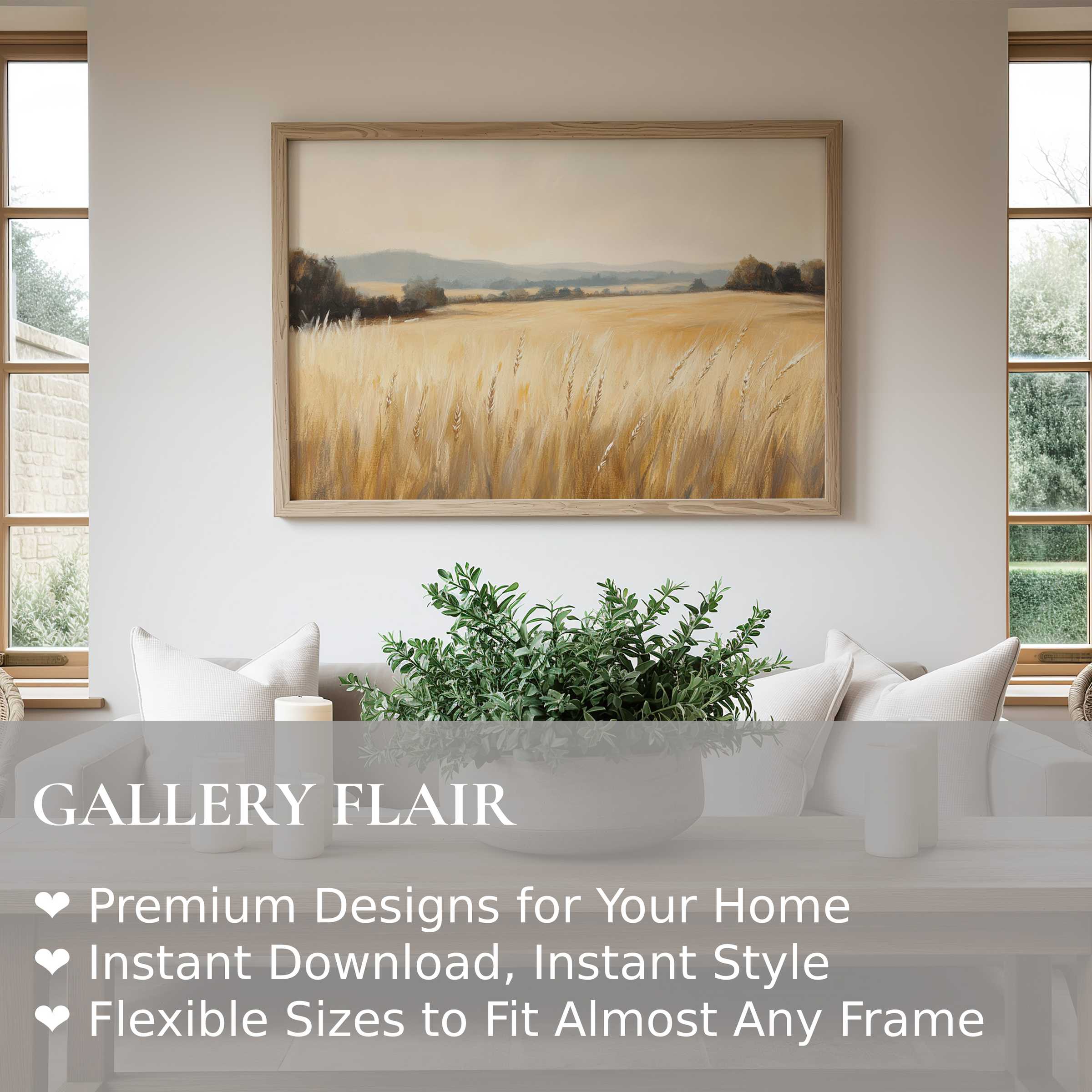 Farmhouse wall art print capturing golden fields under a soft, misty sky, enhancing modern rustic interiors with calming warmth
