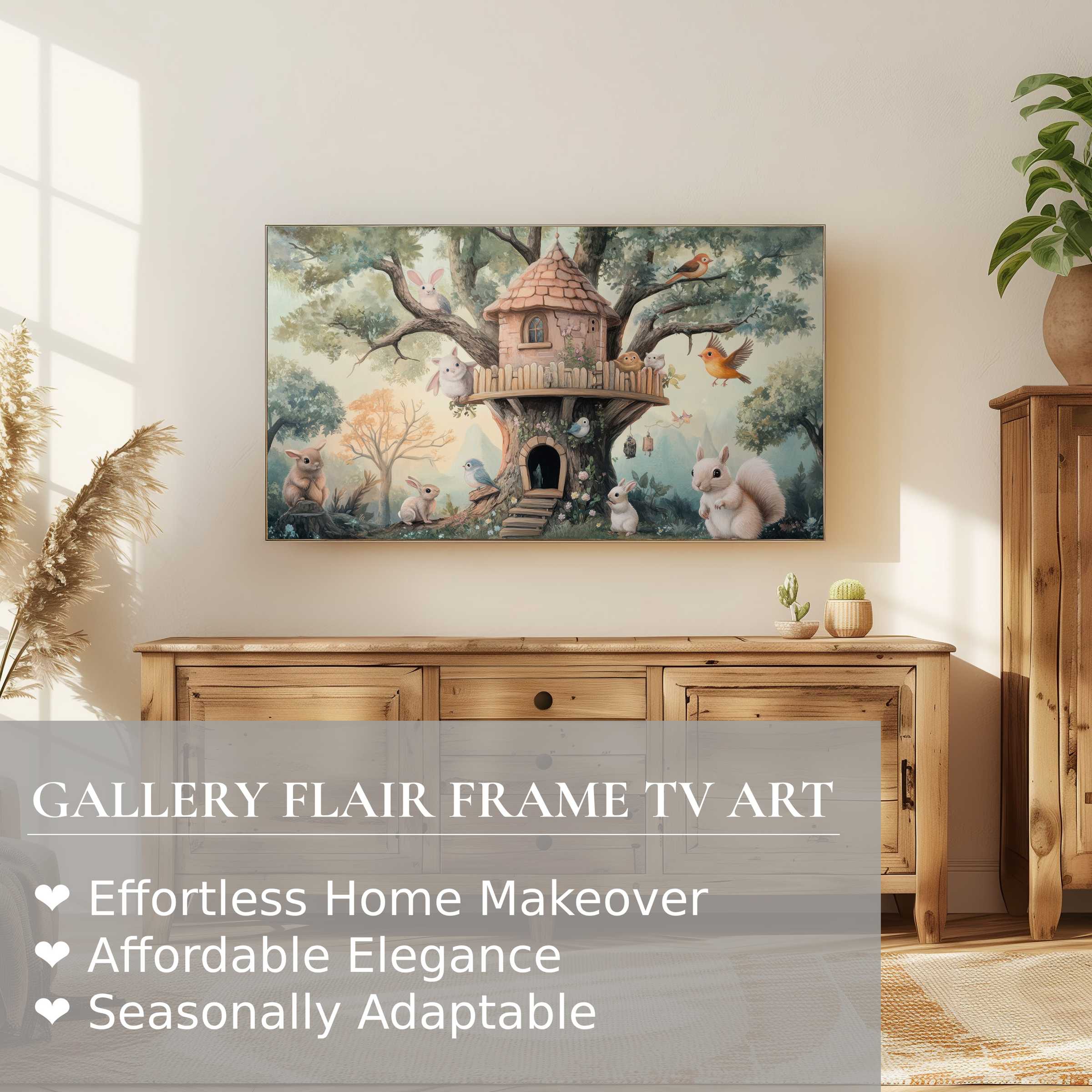 Samsung Frame TV displays charming nursery digital artwork with whimsical woodland animals in a serene, modern setting