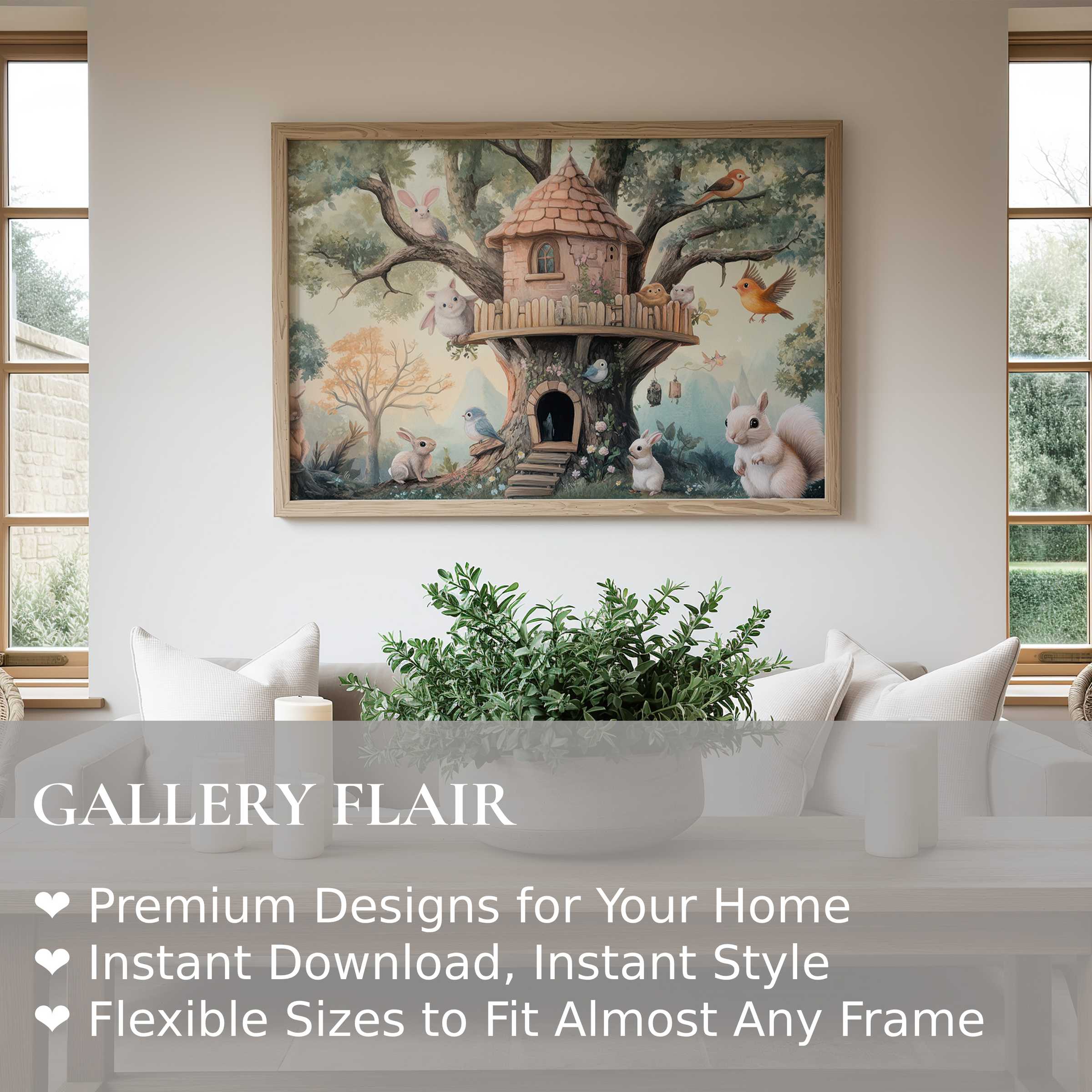 Nursery wall art print featuring a calming woodland scene with charming animals, enhancing serene, modern nursery decor