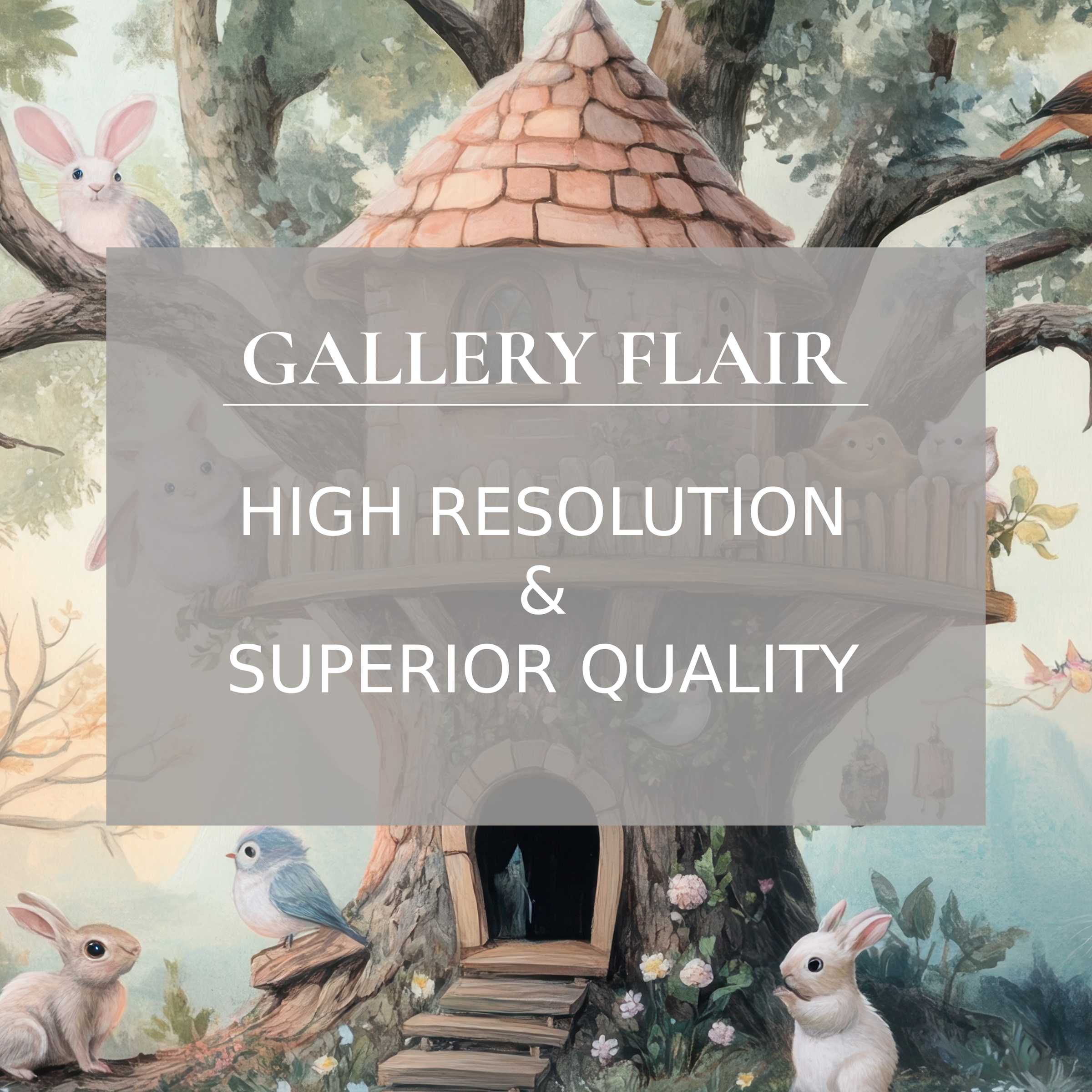 Enchanting nursery printable art featuring delicate woodland creatures and a whimsical treehouse, enhancing modern nursery decor with calming, high-resolution charm