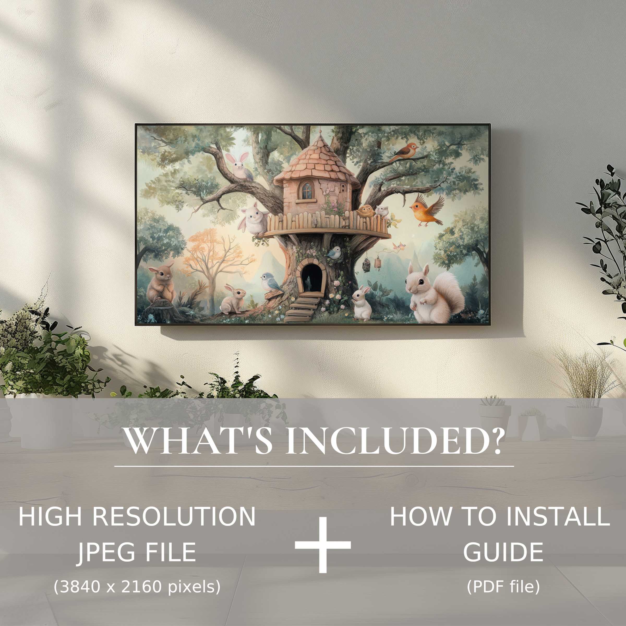 Elegant nursery digital TV art download featuring whimsical woodland creatures, enhancing spaces with easy digital use