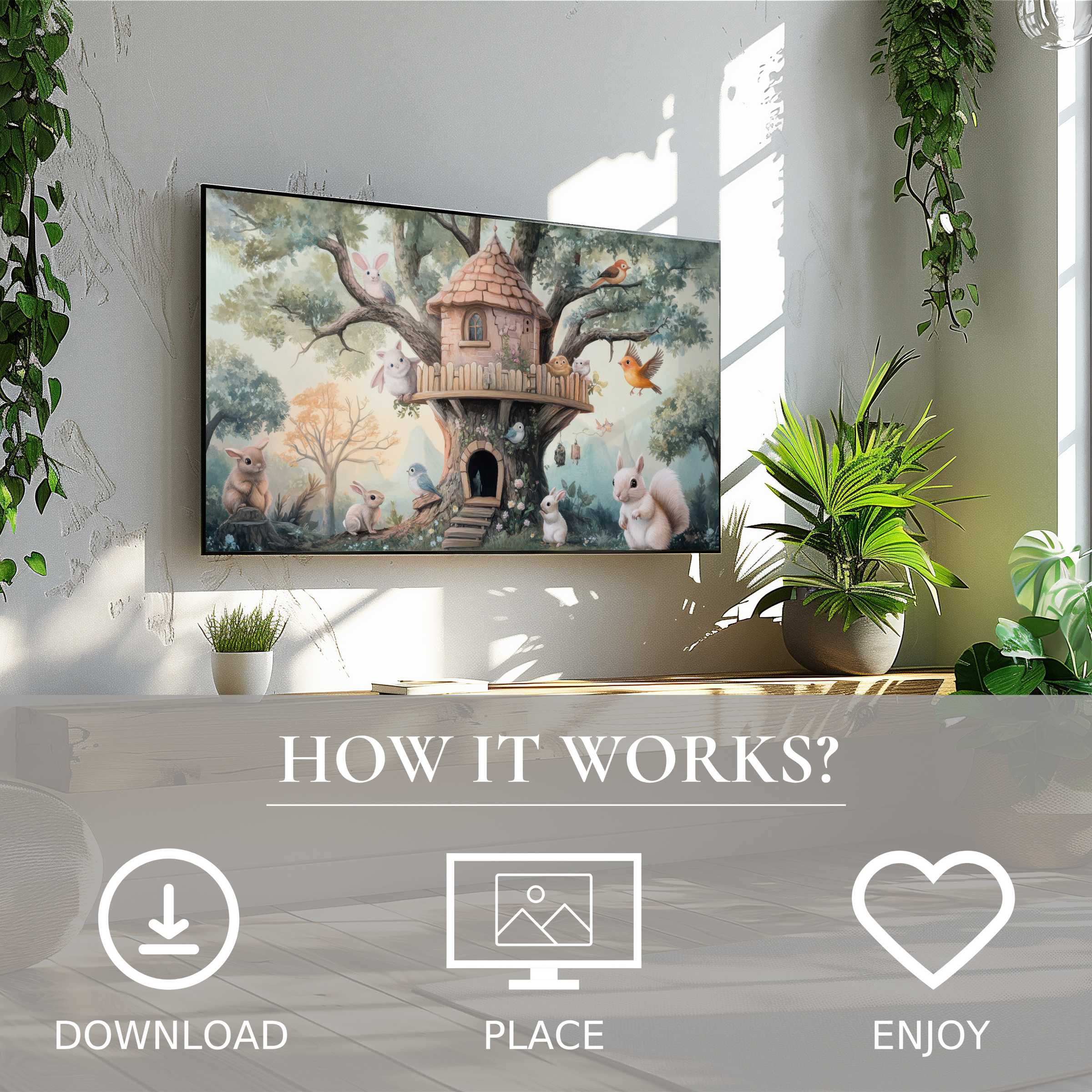 Nursery art for Samsung TV shows soft woodland tones with animals, easy digital download, enriching modern living spaces