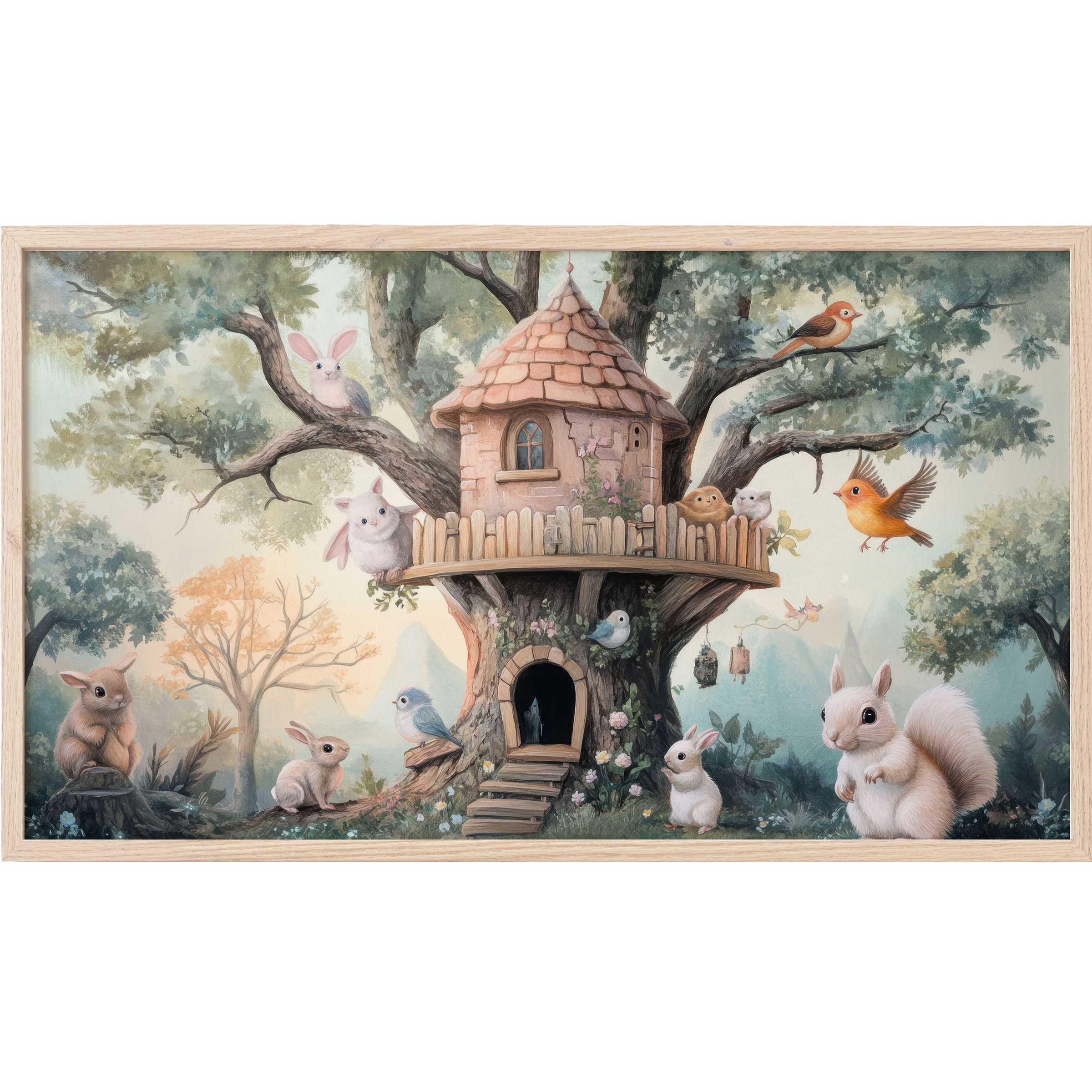 Nursery Frame TV Art: whimsical woodland scene with soft pastels, cute animals, and a charming treehouse in muted tones