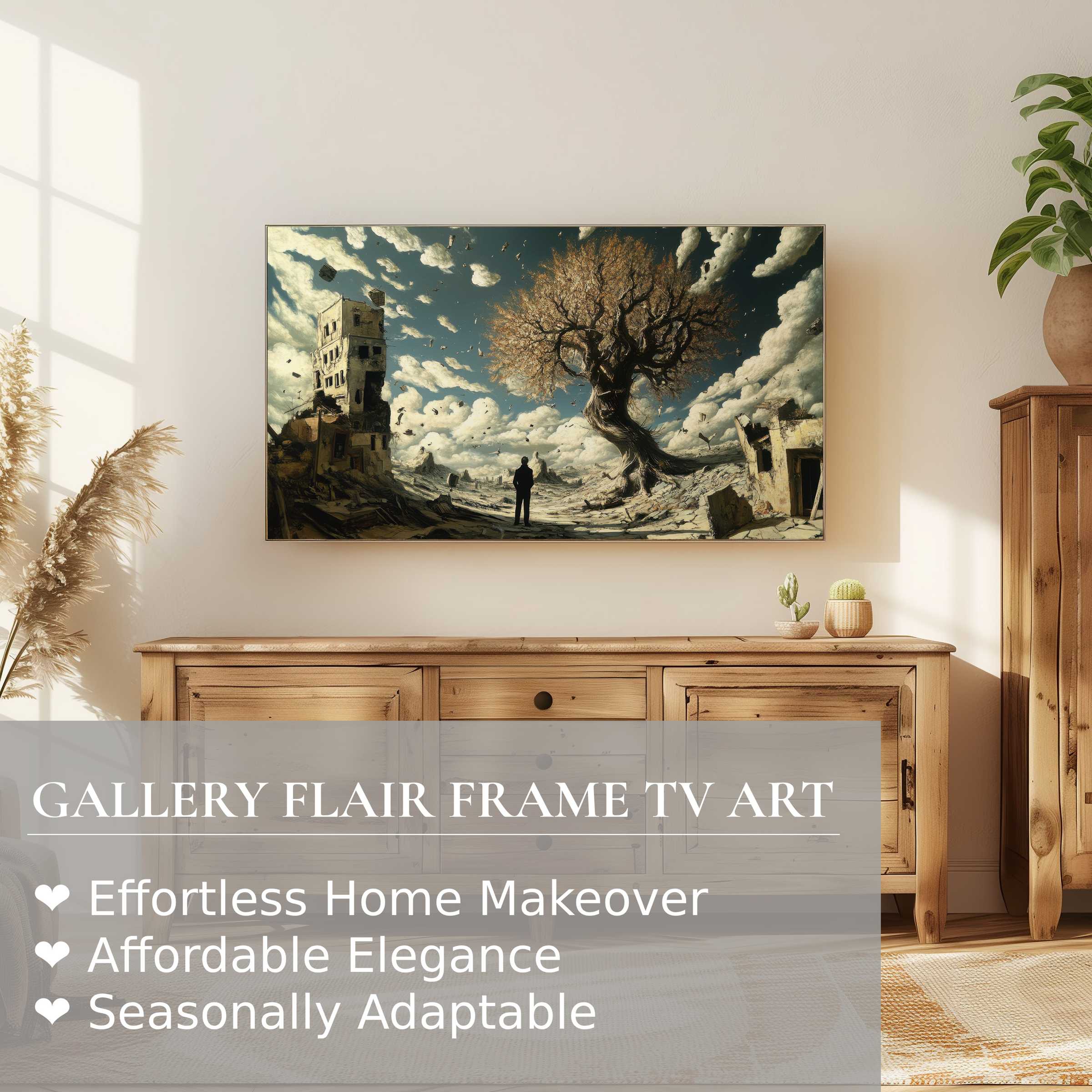 Samsung Frame TV displays surreal modern digital artwork in a serene, elegant setting blending nature and ruins