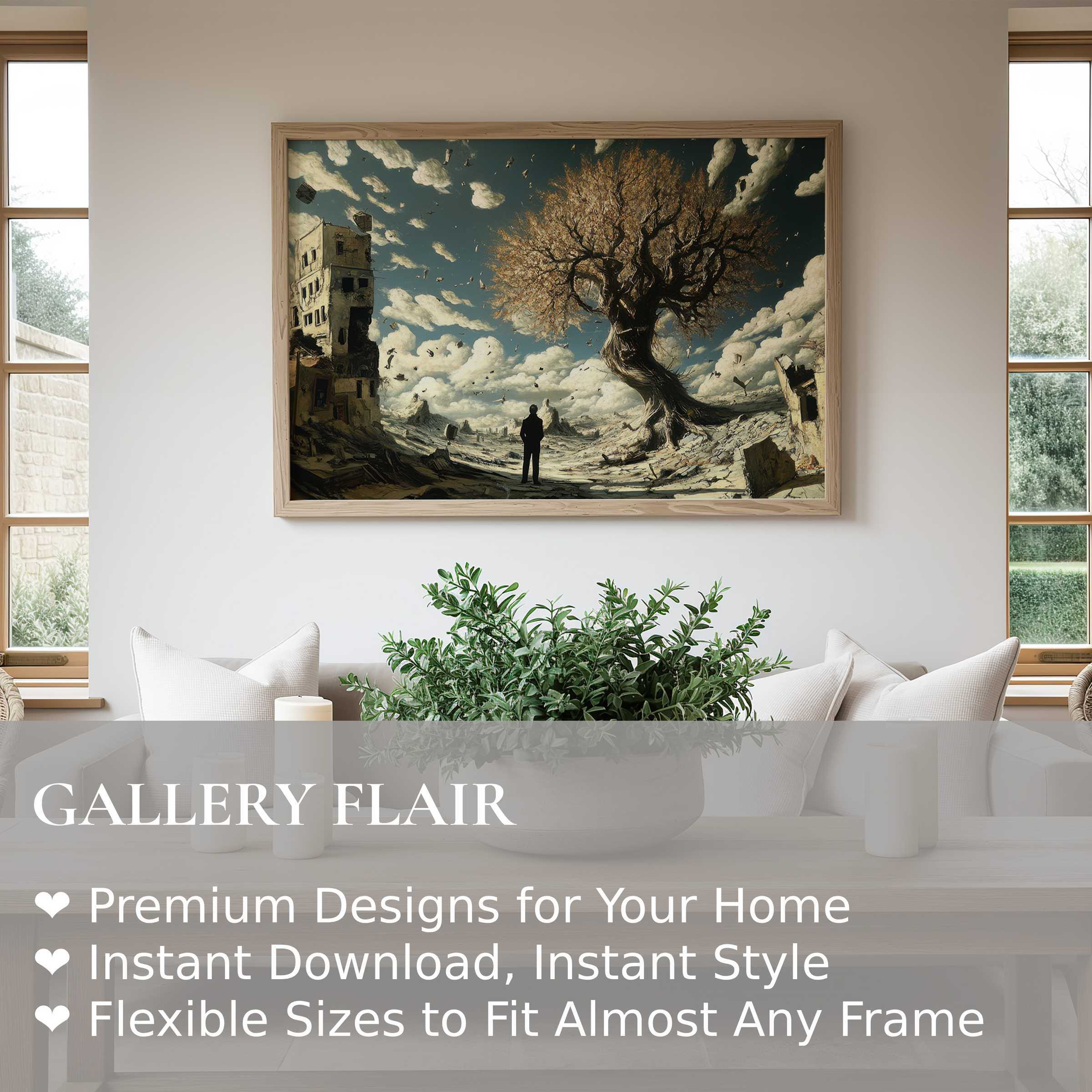 Modern wall art print depicting a surreal landscape with a solitary figure and twisted tree, creating a bold, contemplative focal point in a serene, minimalist living space