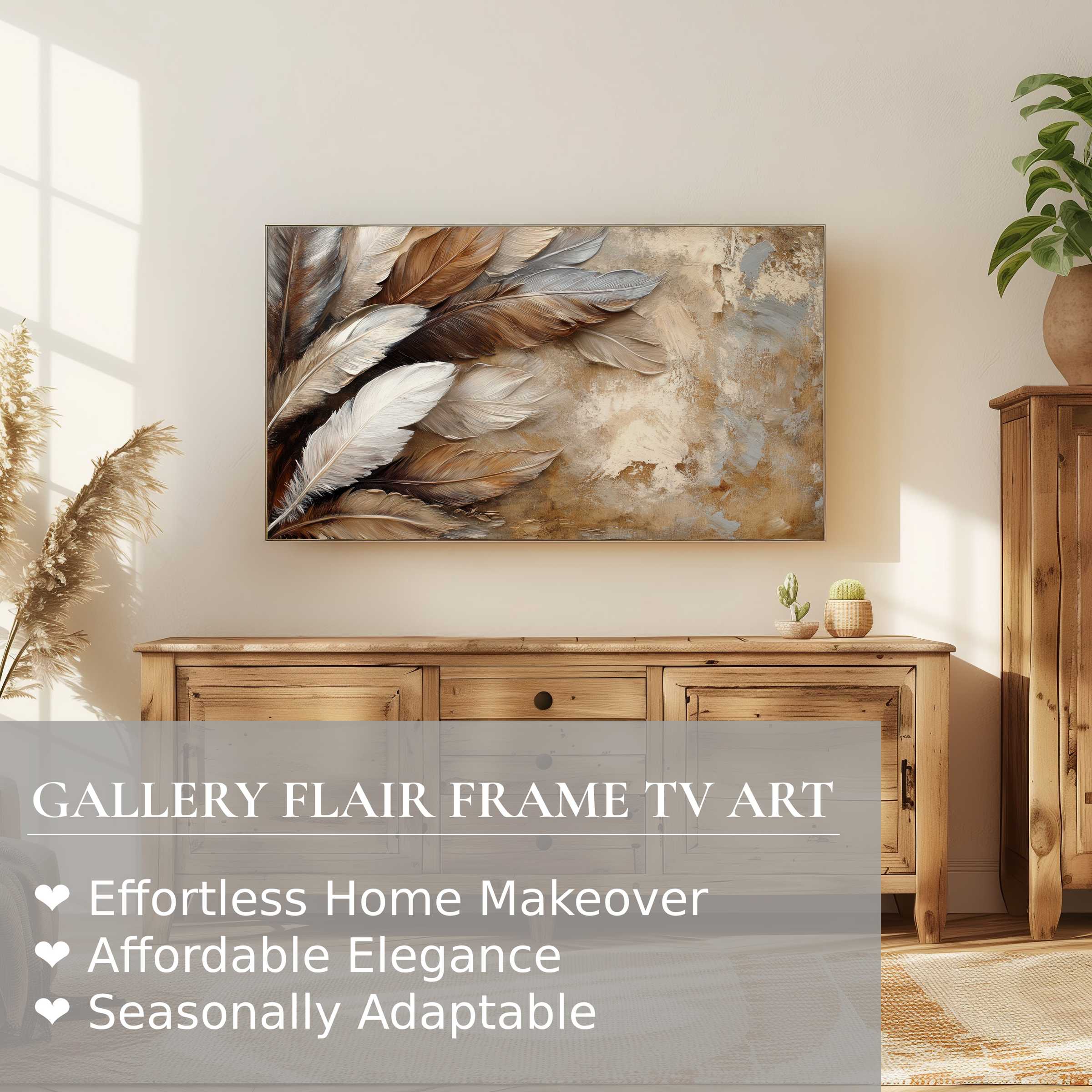 Samsung Frame TV showcasing elegant boho digital artwork with feathers in a warm, natural living room setting