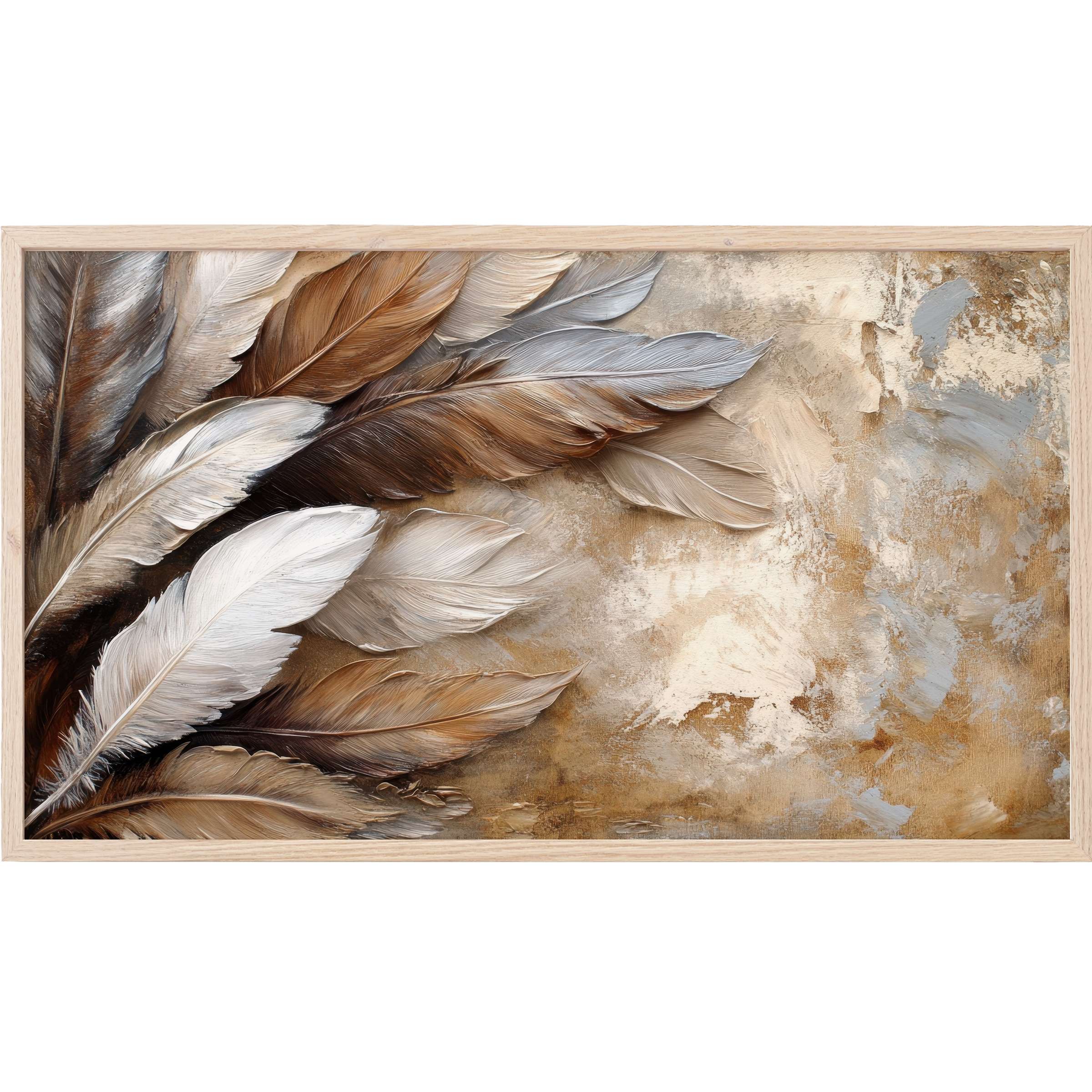 Elegant boho Frame TV Art with textured feathers in warm browns, creams, and soft grays on a rustic background