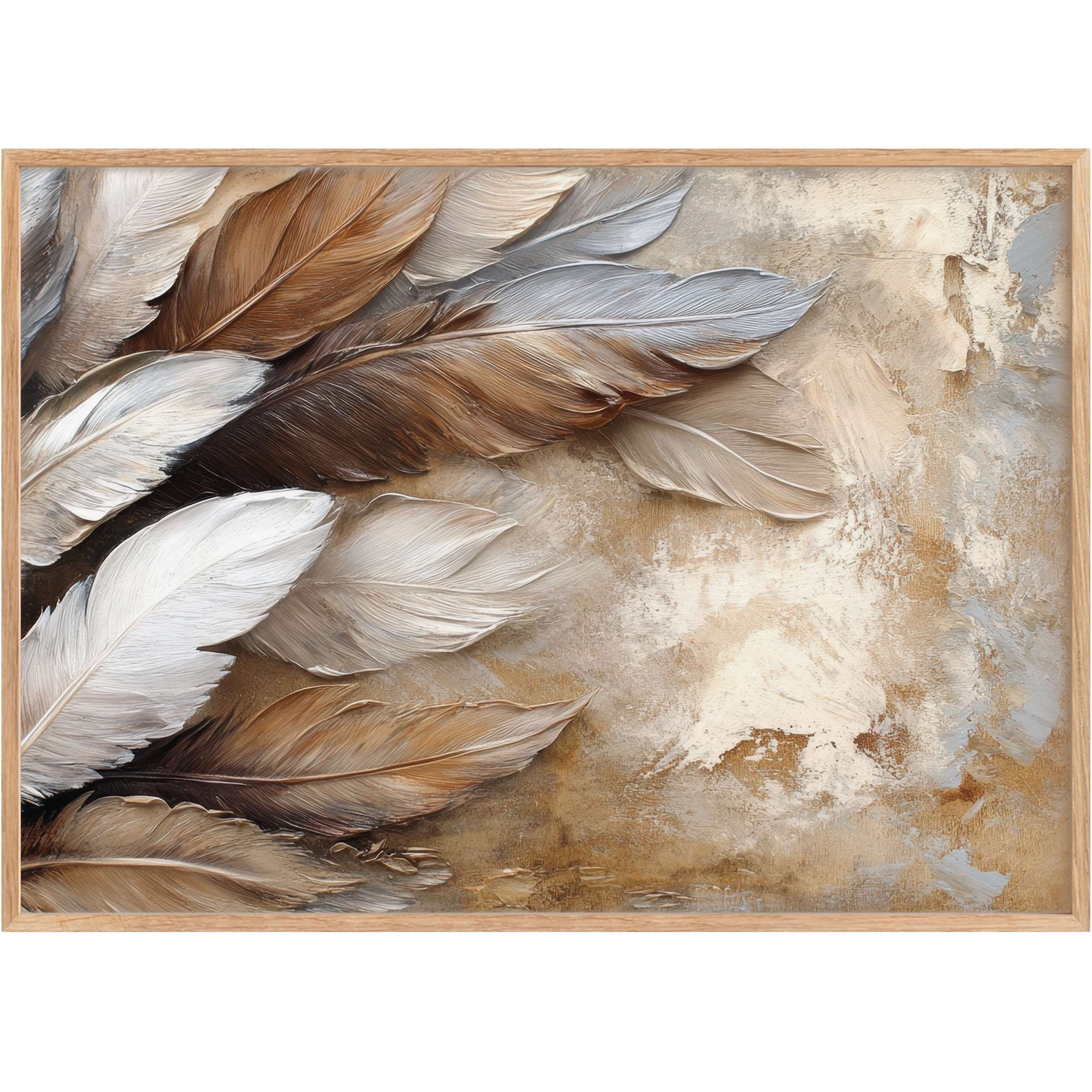 Earth-toned boho printable wall art featuring layered feathers in warm browns and soft grays, evoking a serene, natural elegance