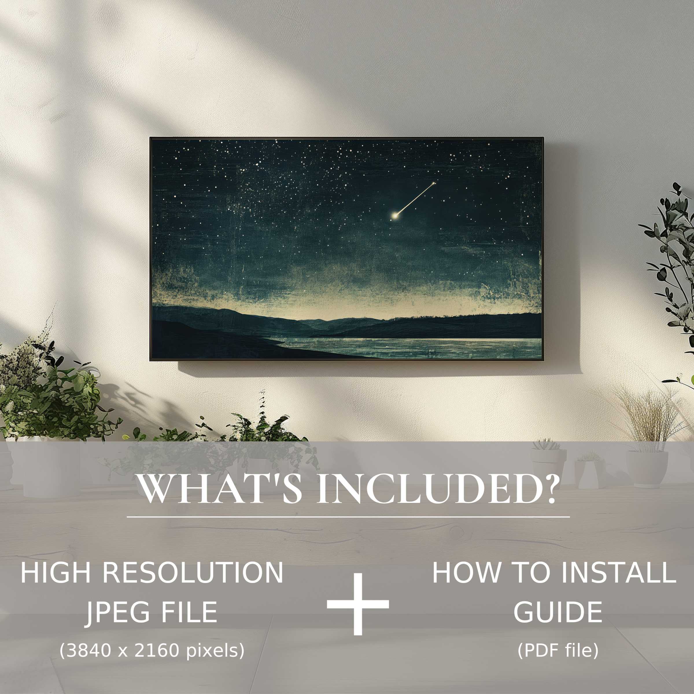 Minimalist digital TV art download shows a serene night sky, easily enhancing your living space with elegant digital decor