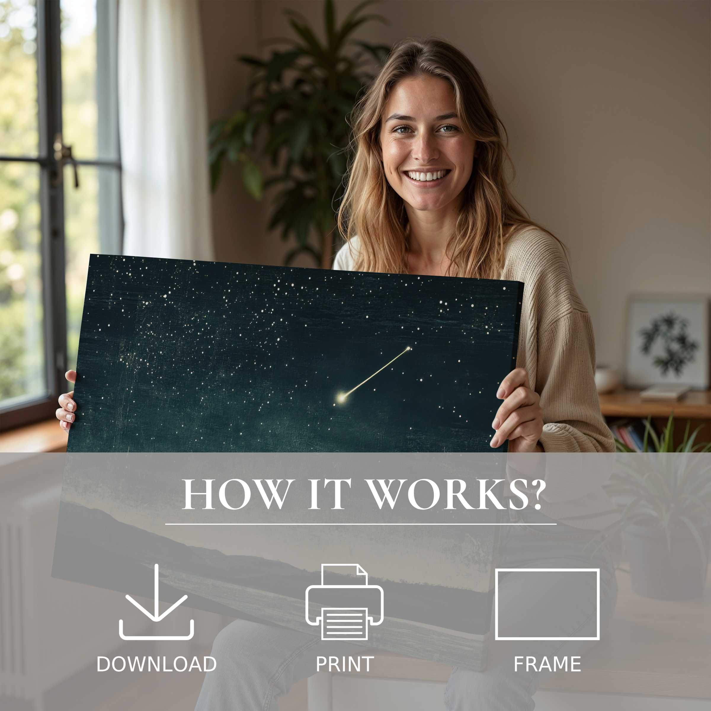 Woman in a modern home radiates joy and calm, showcasing a minimalist digital art print of a starry night sky