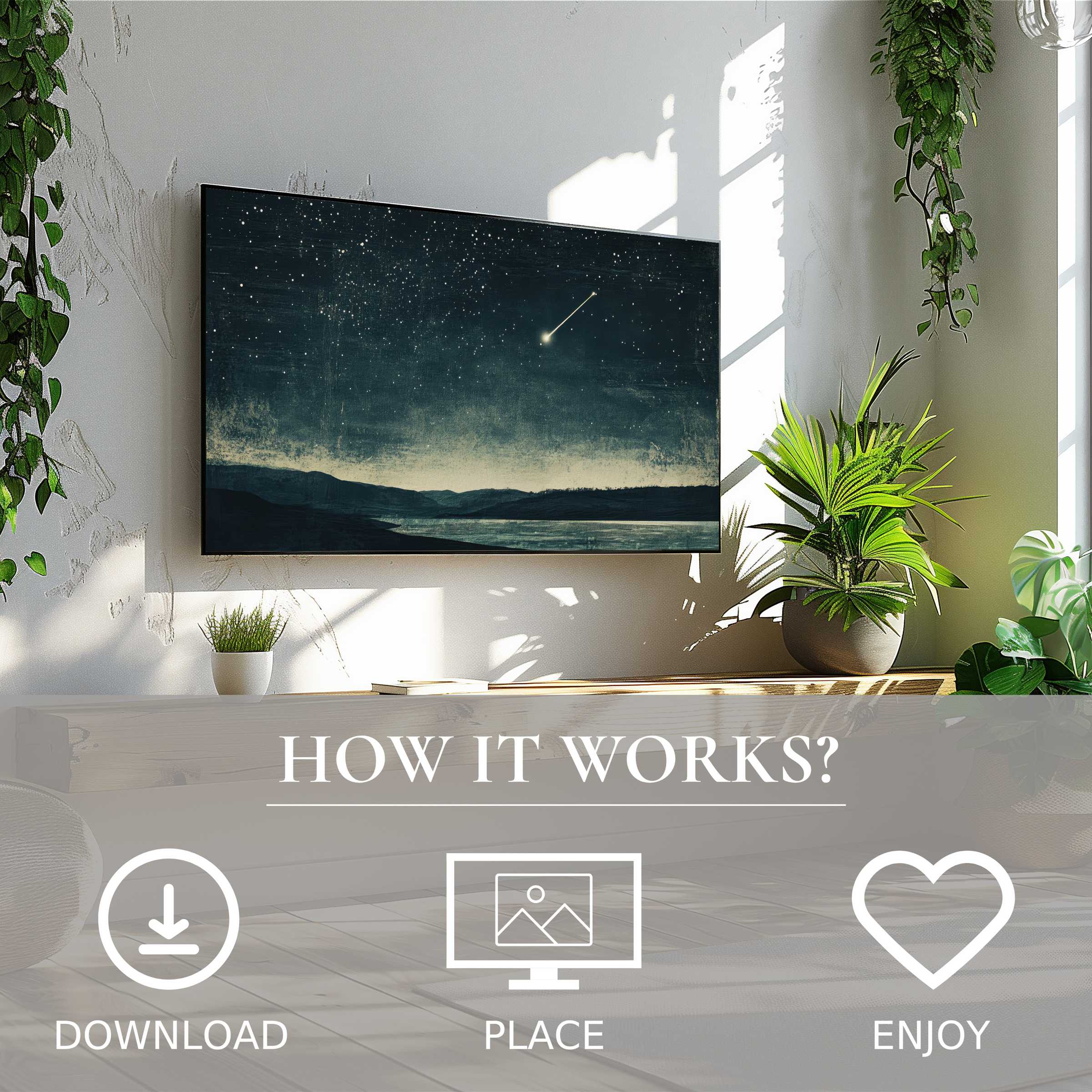 Minimalist art for Samsung TV shows a serene starry night with a shooting star; easy digital download enriches your space
