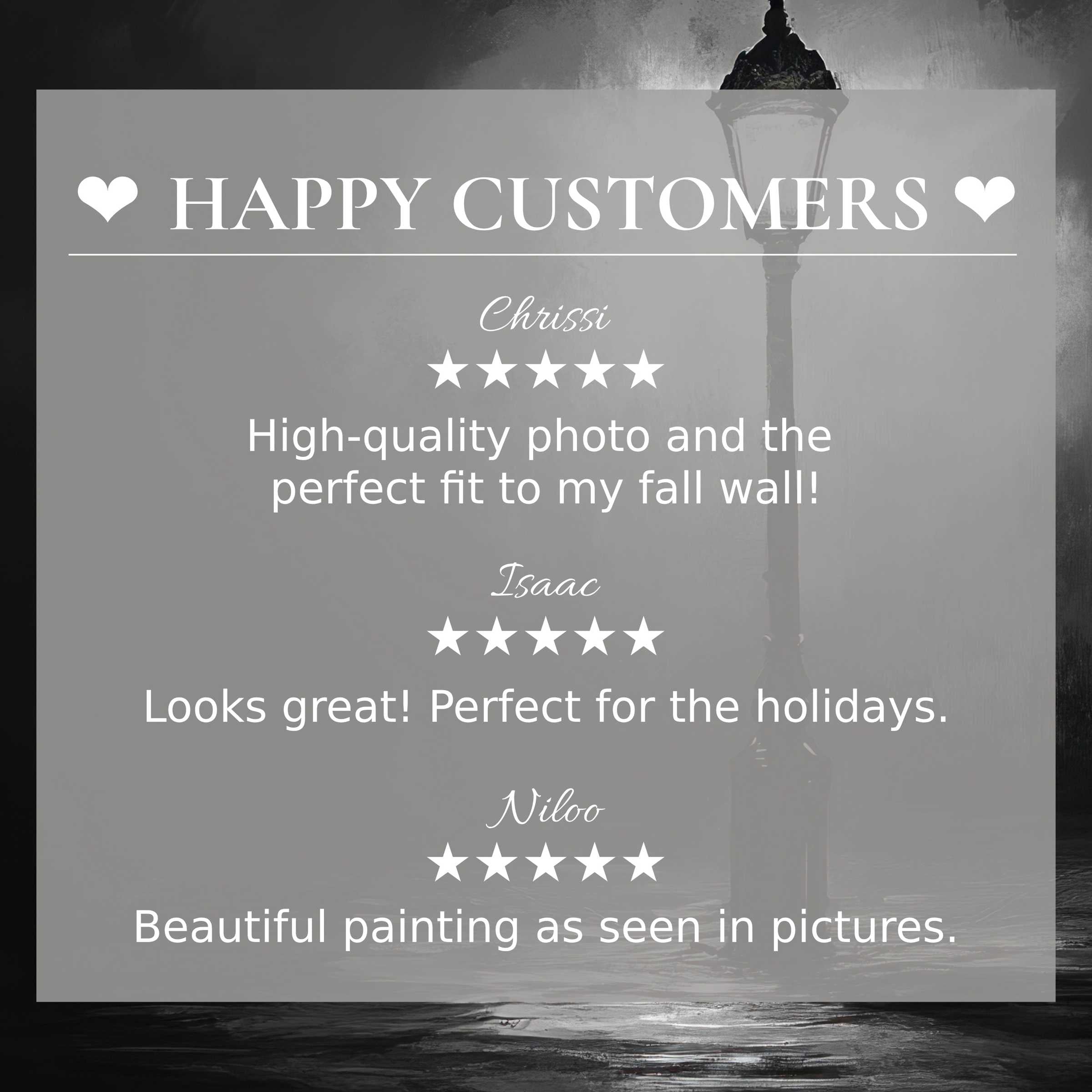 Trust-building layout with black and white art for Frame TV, happy customer reviews, and elegant streetlamp background