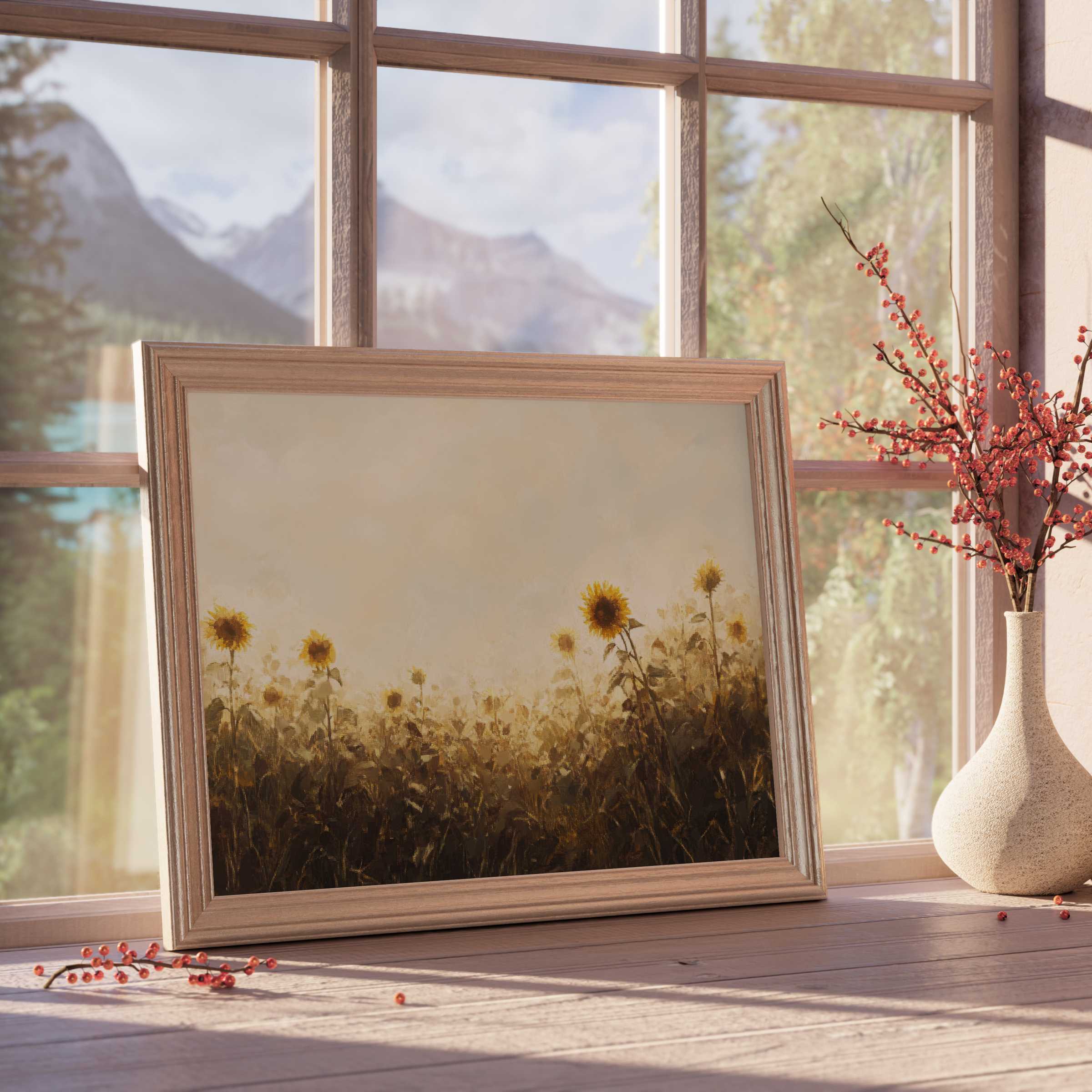 Fall downloadable art featuring a serene sunflower field at dusk, adding warm, tranquil elegance to modern, curated interiors