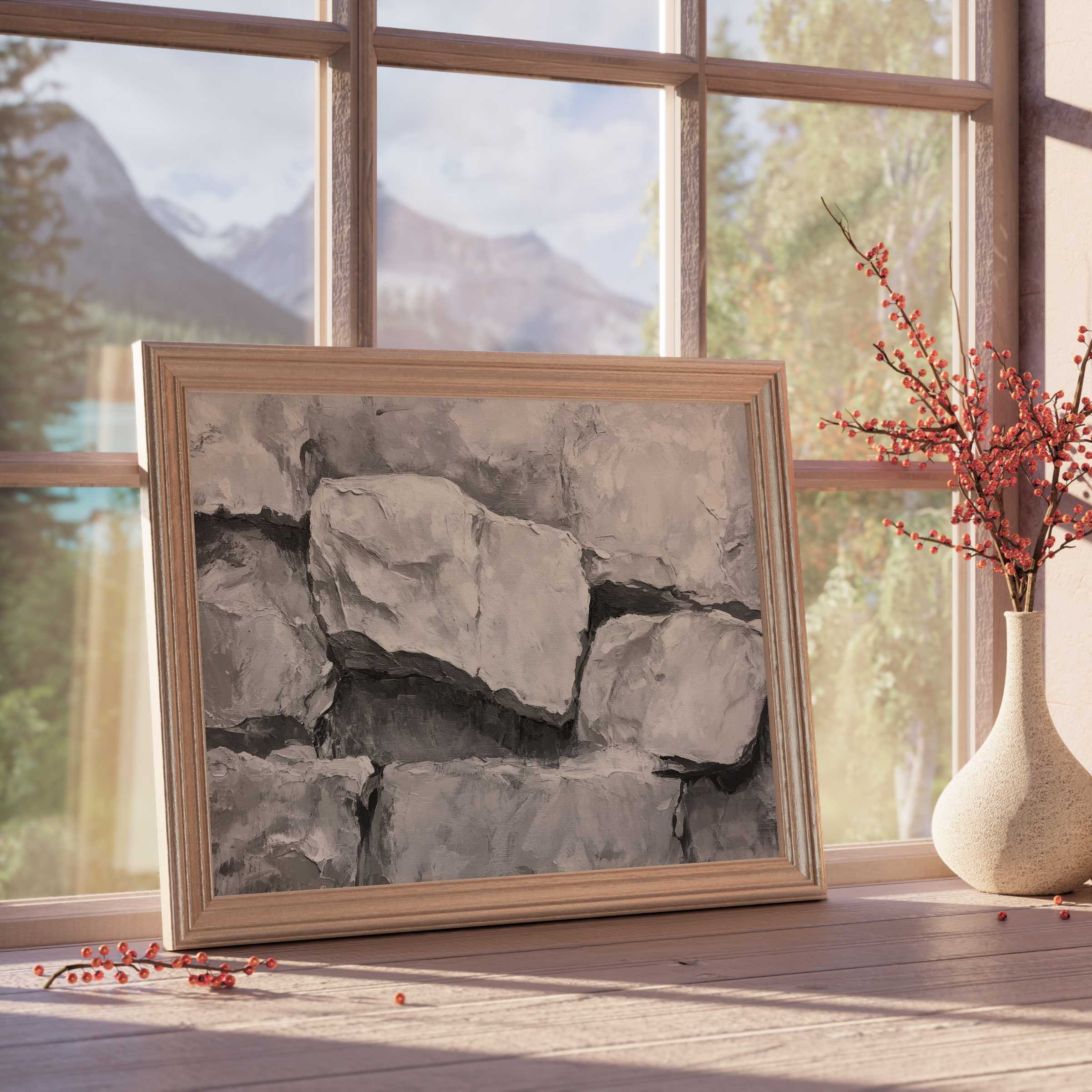 Neutral downloadable art featuring textured stone blocks in muted grays, evoking calm and tactile elegance for serene, curated interiors
