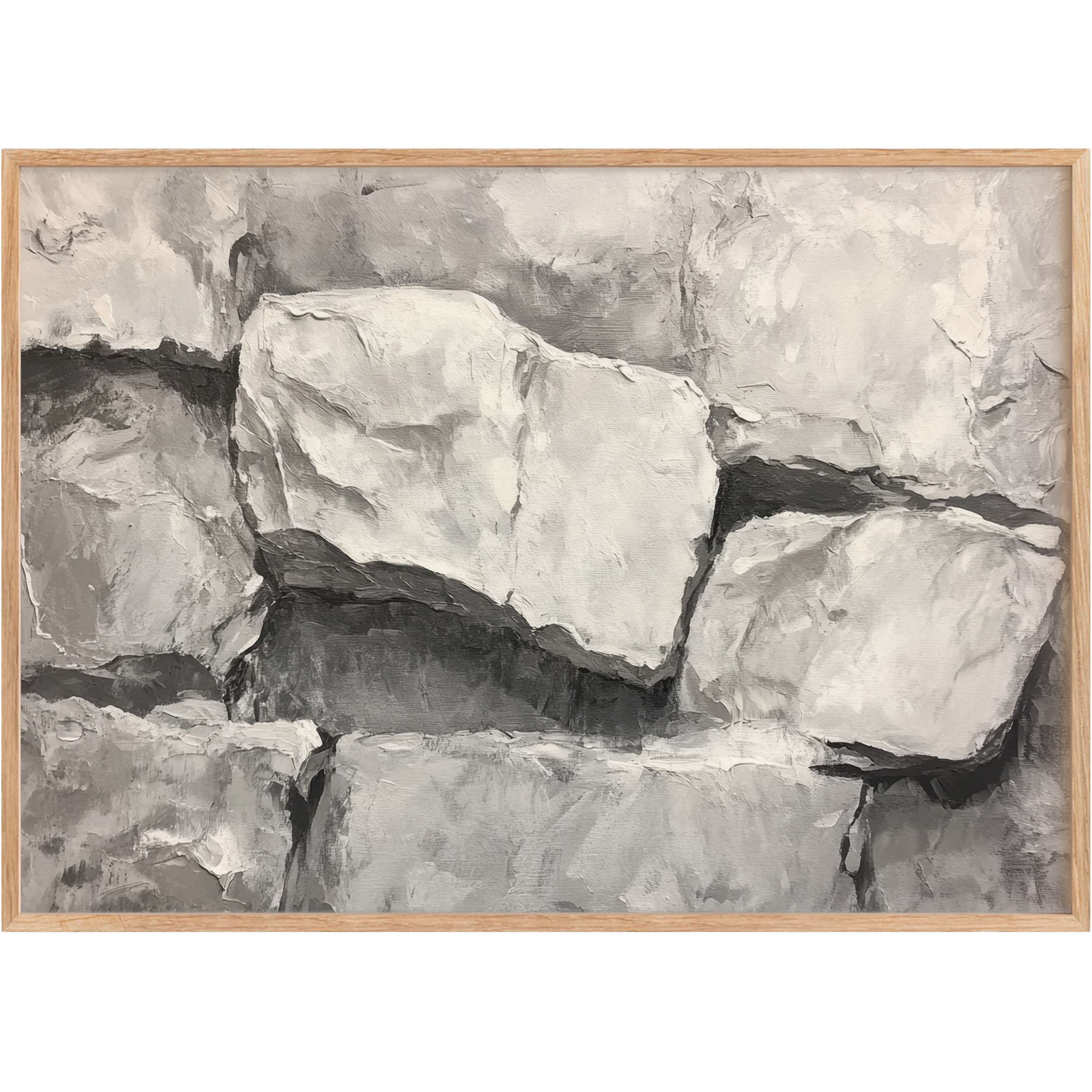 Neutral printable wall art featuring textured stone forms in soft grays and creams, evoking a serene, grounding ambiance for refined spaces